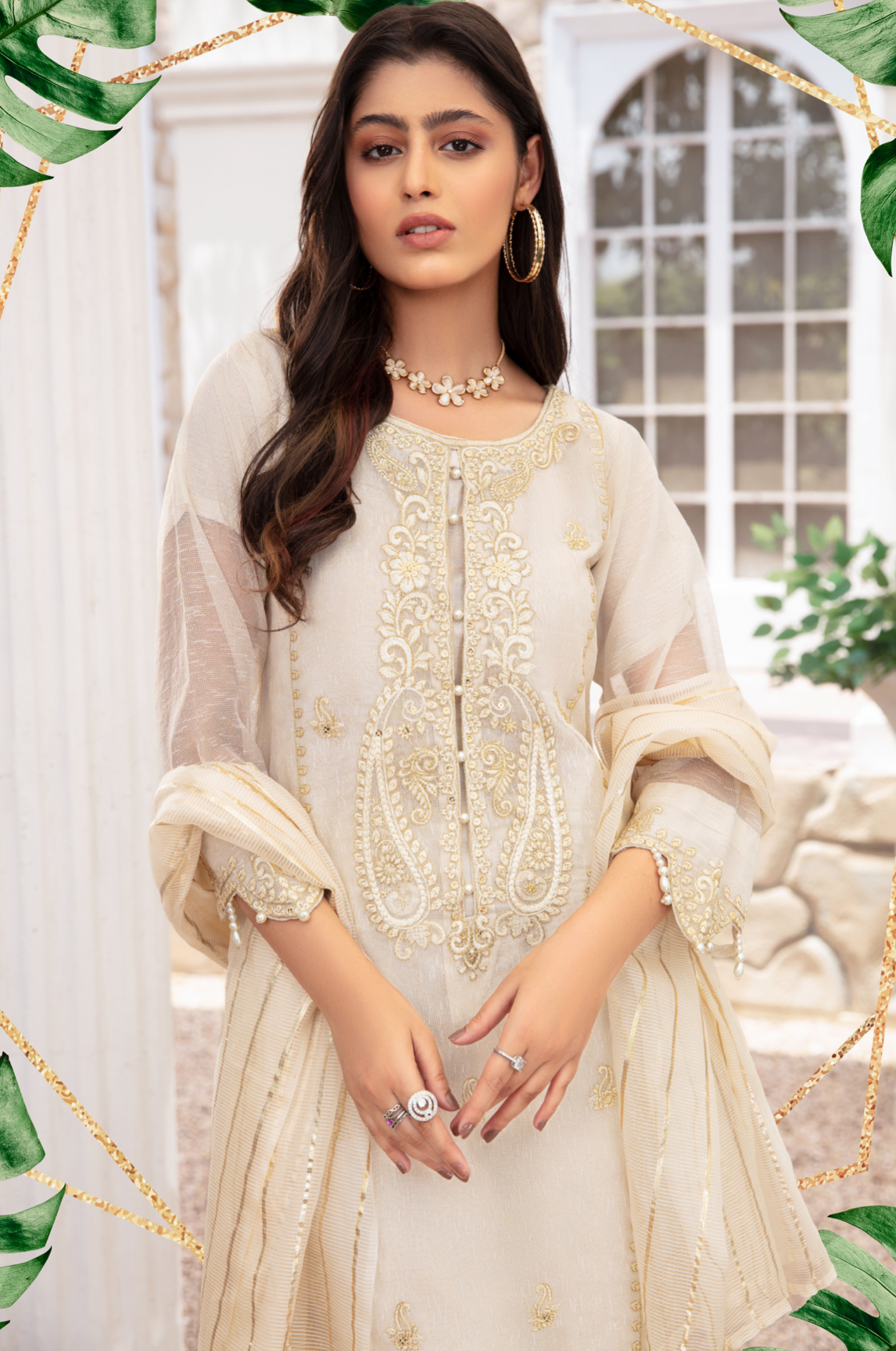 Cream and Gold Blair Soft Cotton Net Ladies Suit