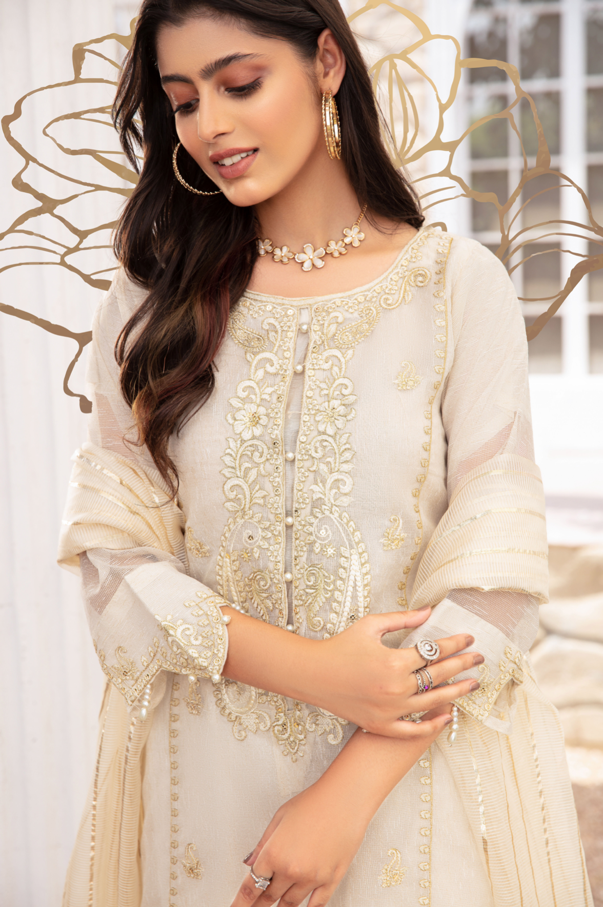 Cream and Gold Blair Soft Cotton Net Ladies Suit