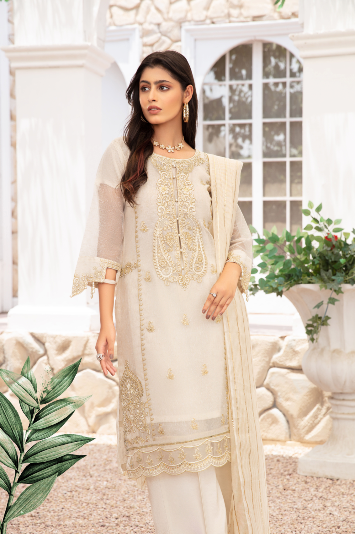 Cream and Gold Blair Soft Cotton Net Ladies Suit