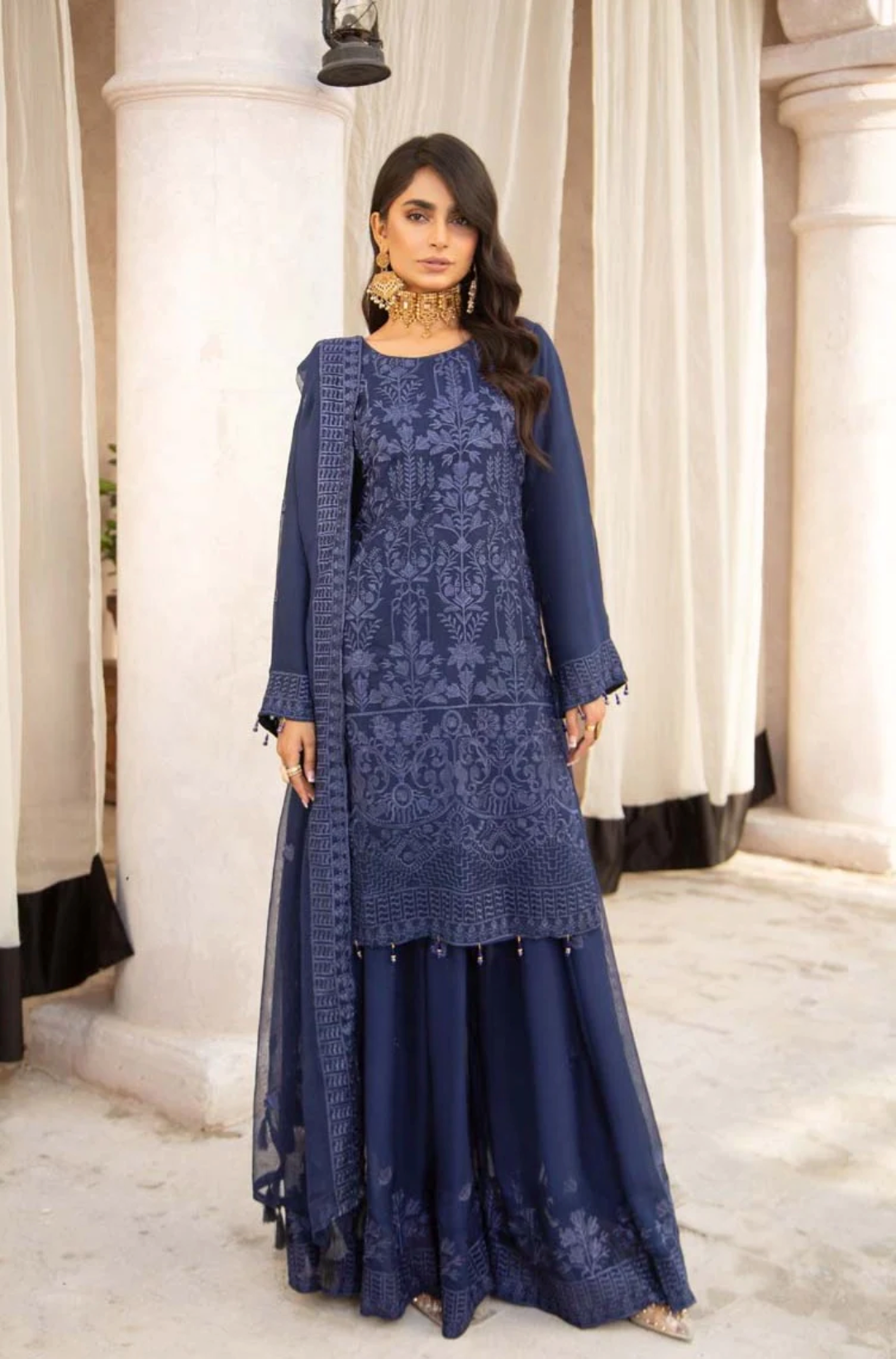 Navy Blue Coral Bliss Chiffon Ladies Suit