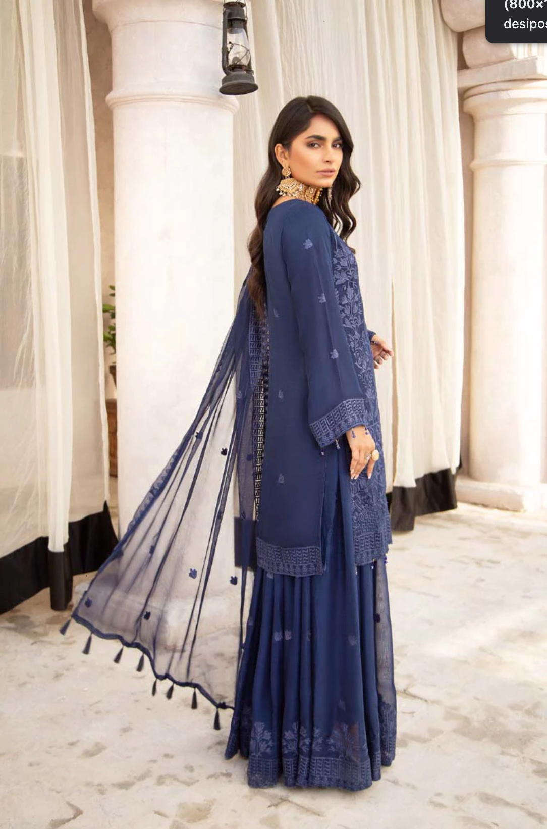 Navy Blue Coral Bliss Chiffon Ladies Suit