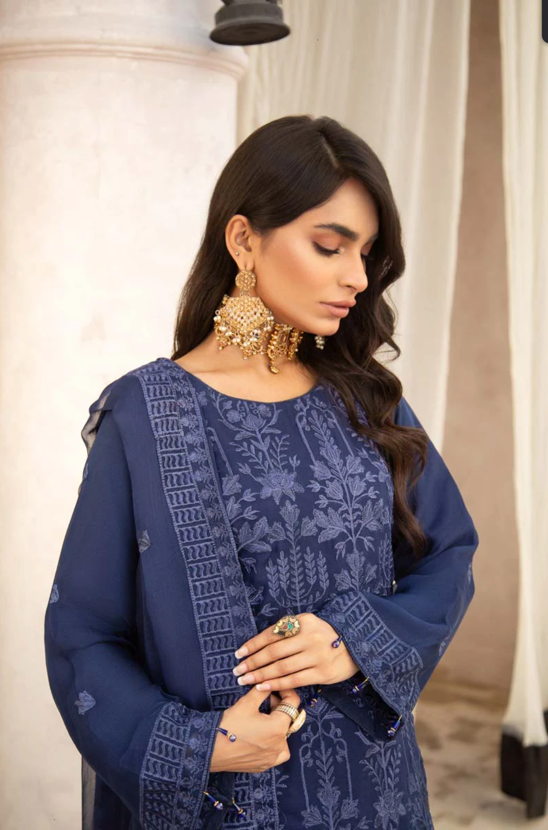 Navy Blue Coral Bliss Chiffon Ladies Suit