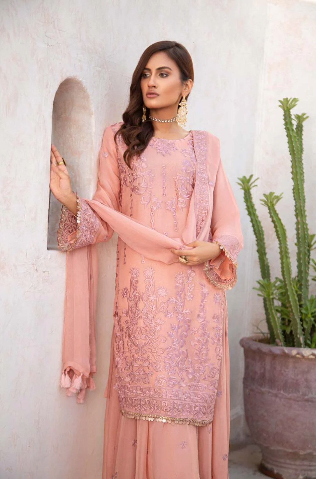 Peach Pink Coral Bliss Chiffon Ladies Suit