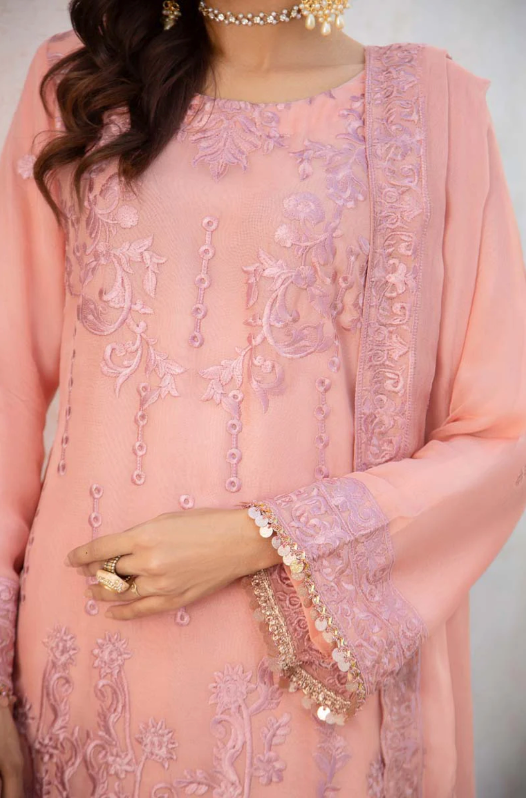 Peach Pink Coral Bliss Chiffon Ladies Suit