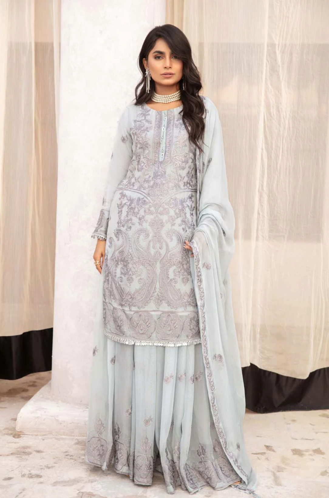 Light Blue Grey Coral Bliss Chiffon Ladies Suit
