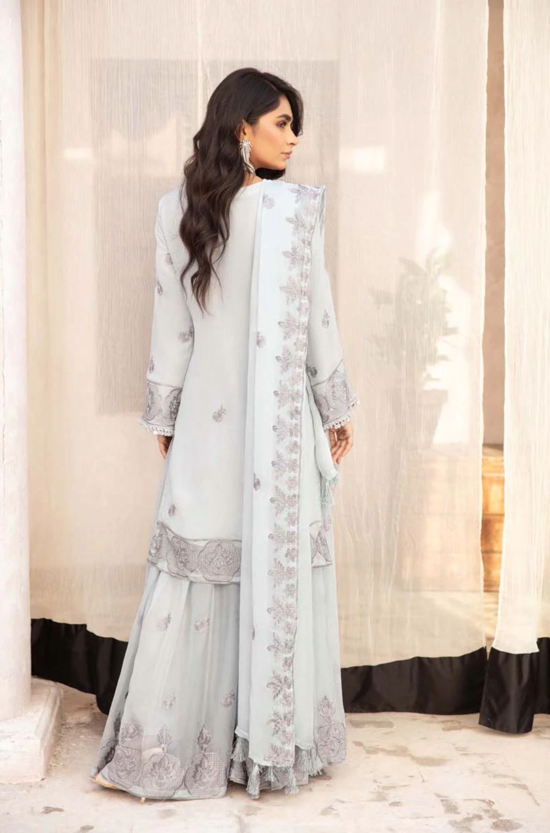 Light Blue Grey Coral Bliss Chiffon Ladies Suit