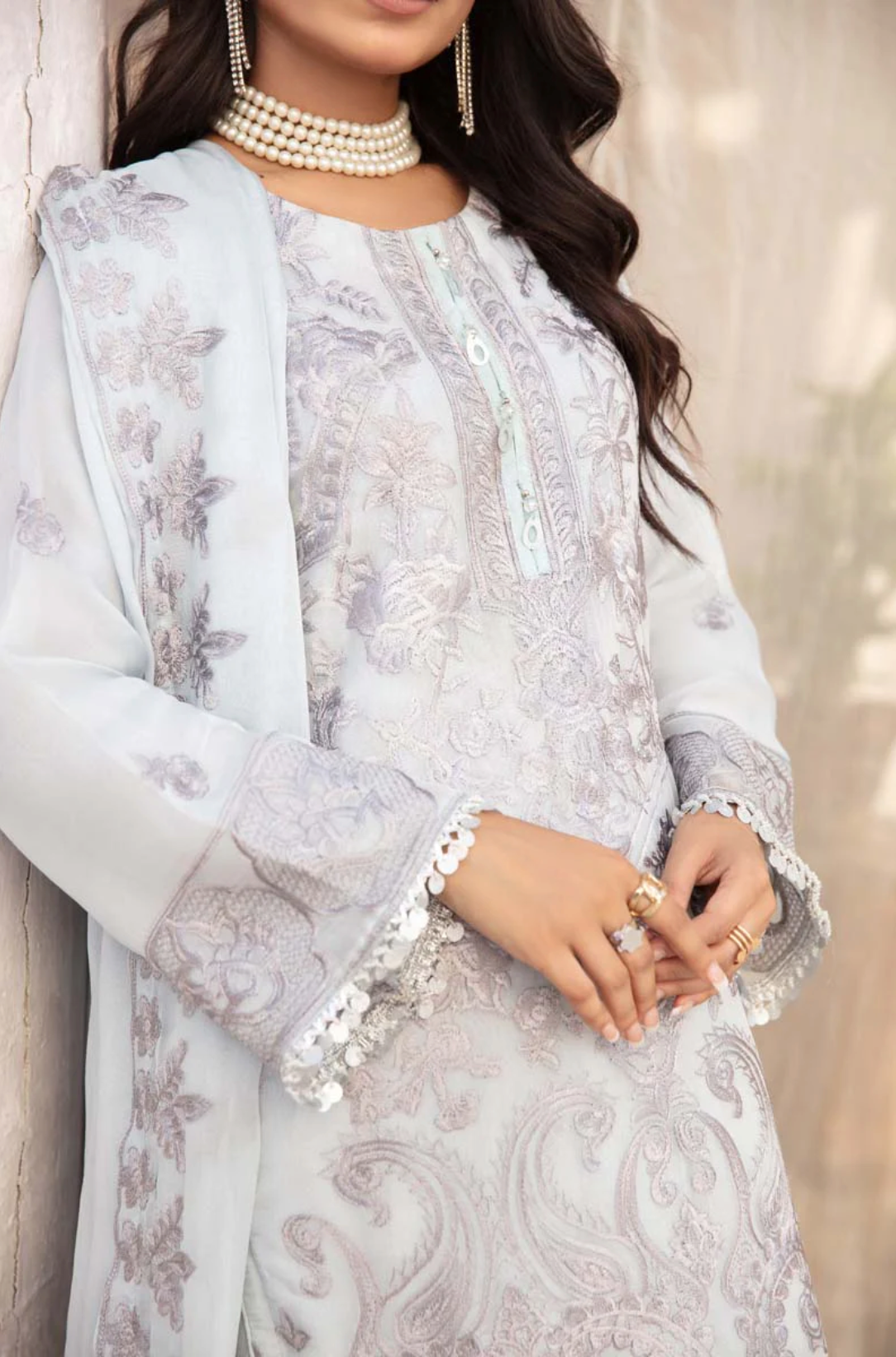 Light Blue Grey Coral Bliss Chiffon Ladies Suit