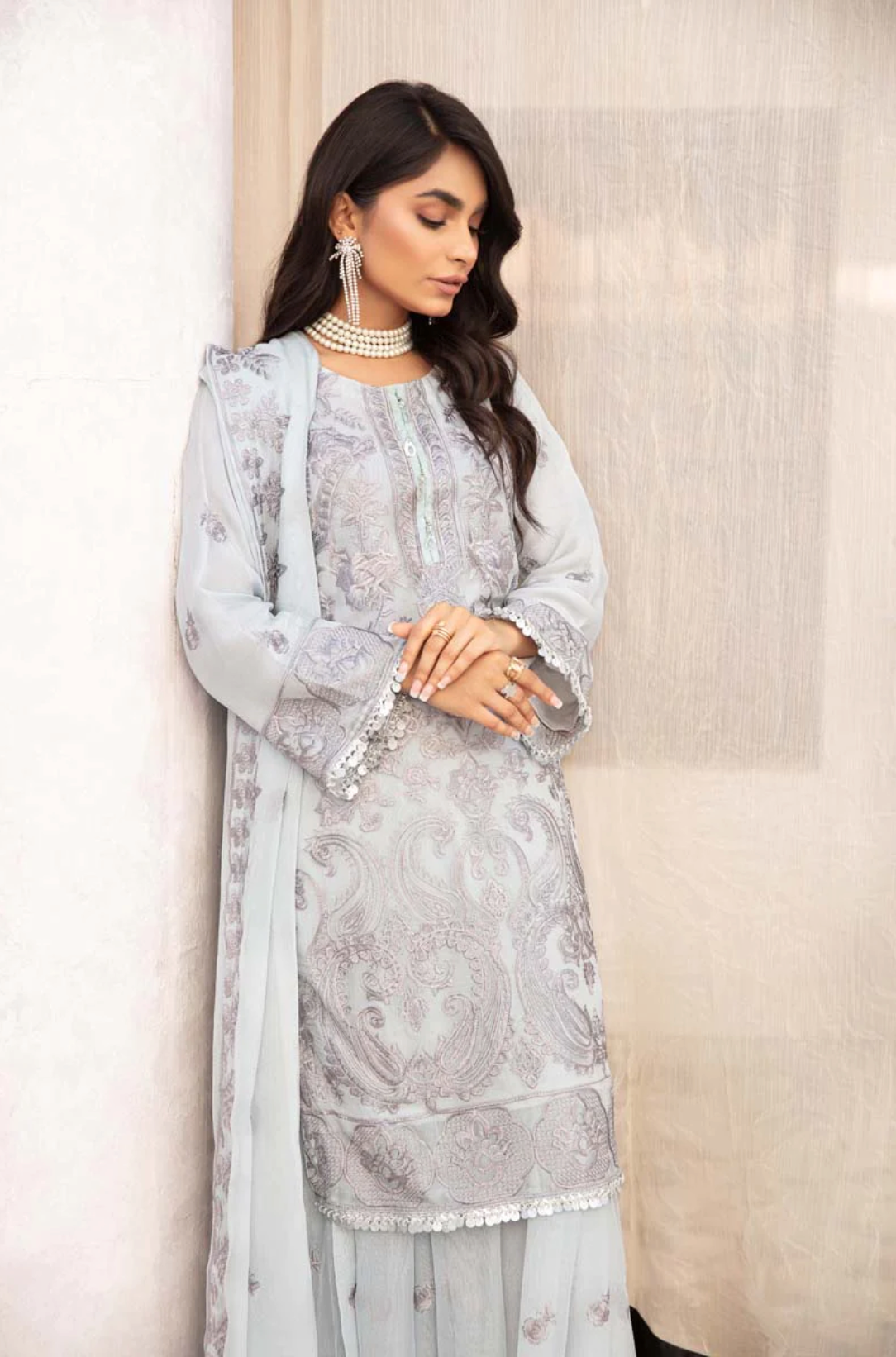 Light Blue Grey Coral Bliss Chiffon Ladies Suit