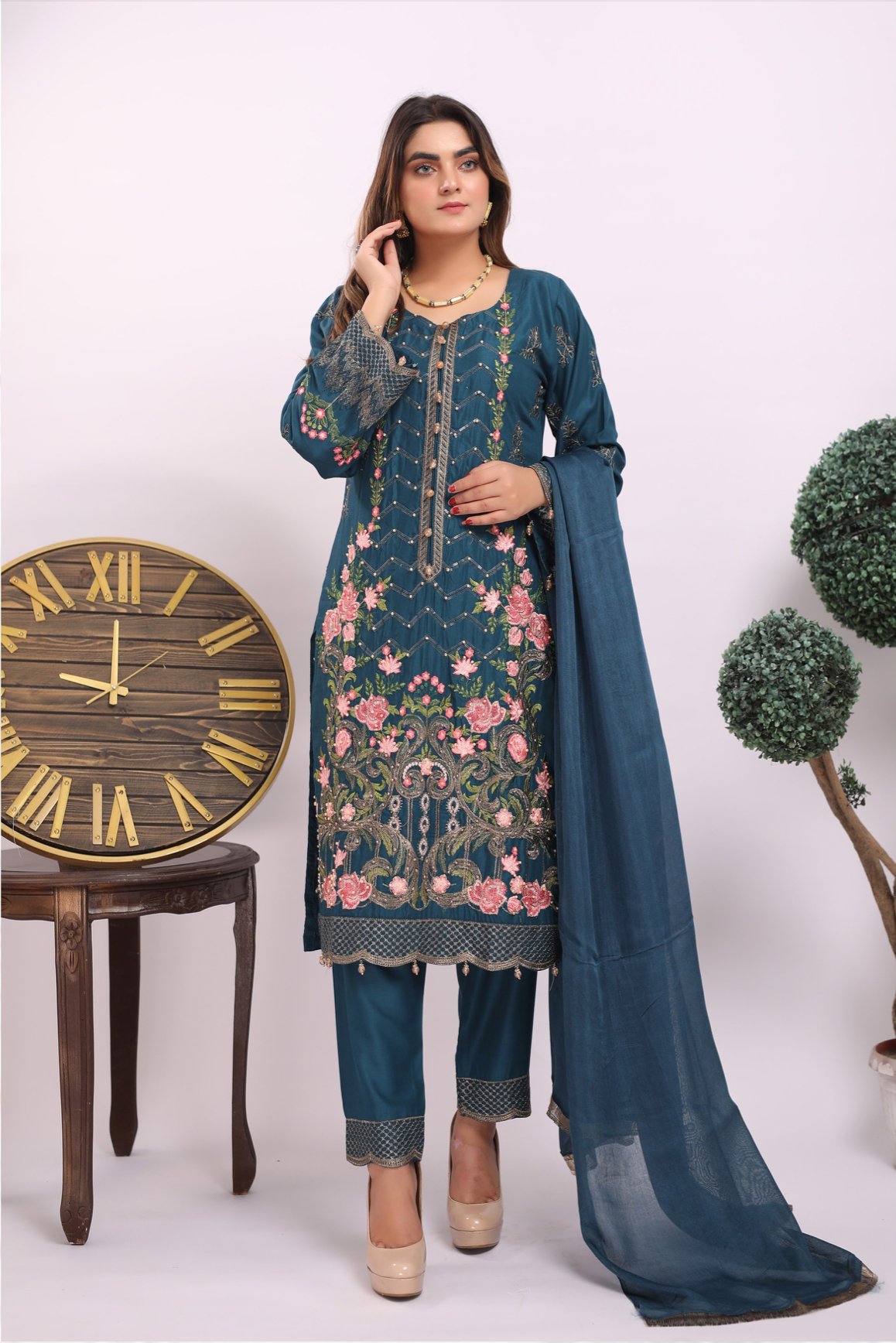 Dark Teal Blue Linen Ladies Suit