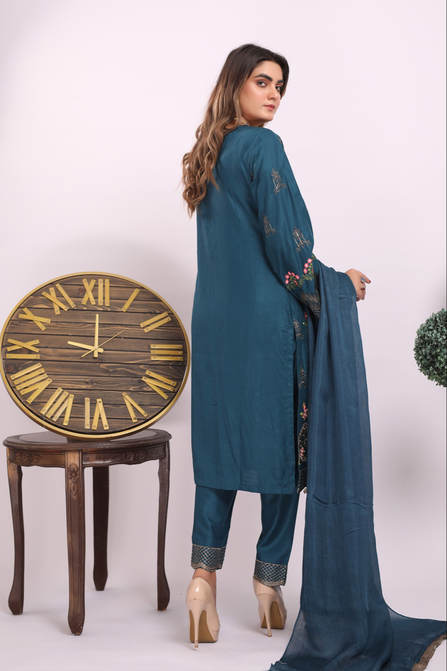 Dark Teal Blue Linen Ladies Suit