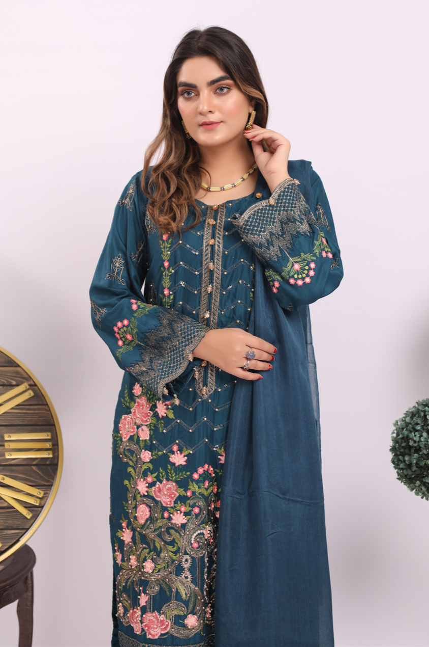 Dark Teal Blue Linen Ladies Suit