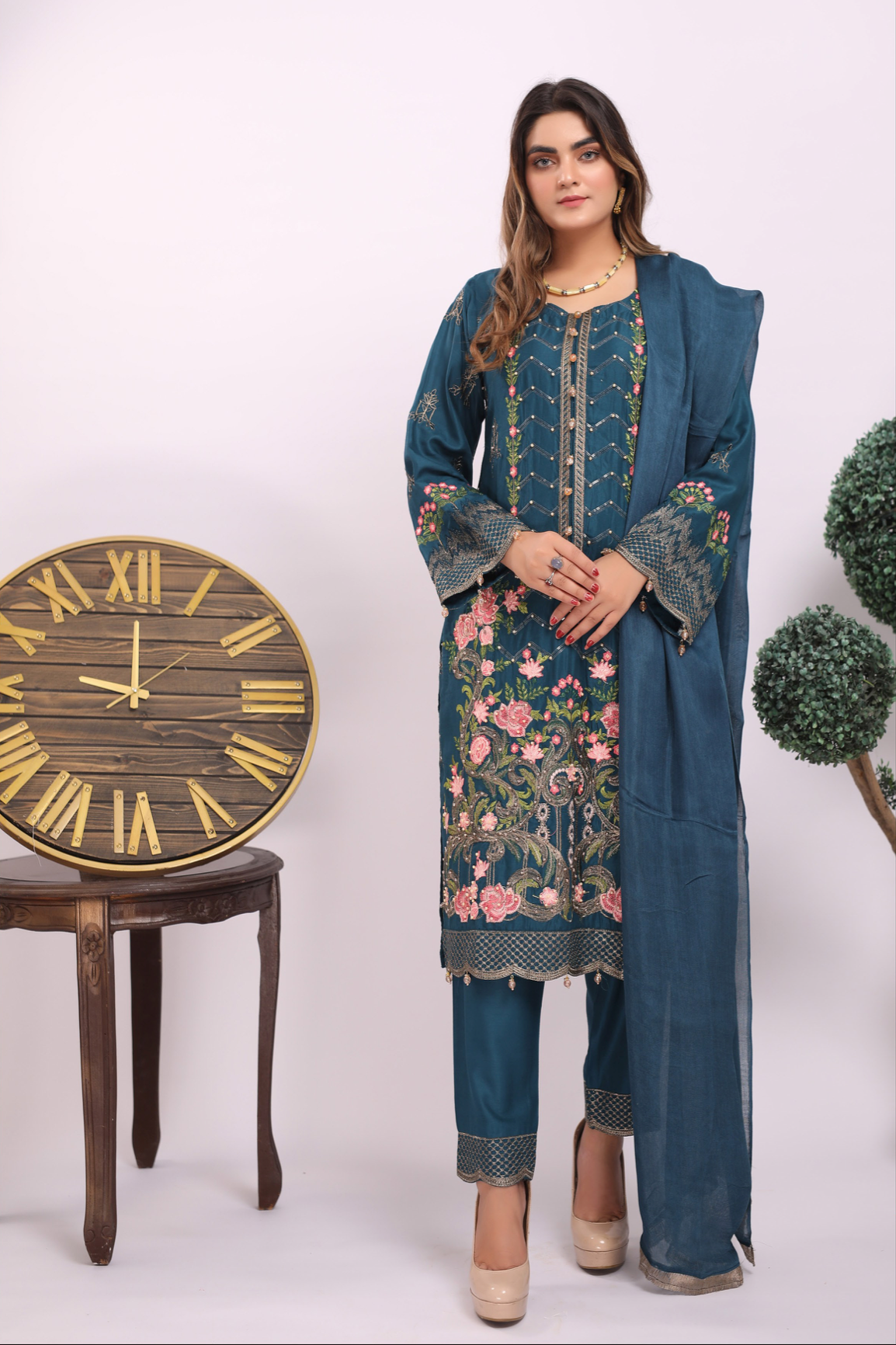 Dark Teal Blue Linen Ladies Suit