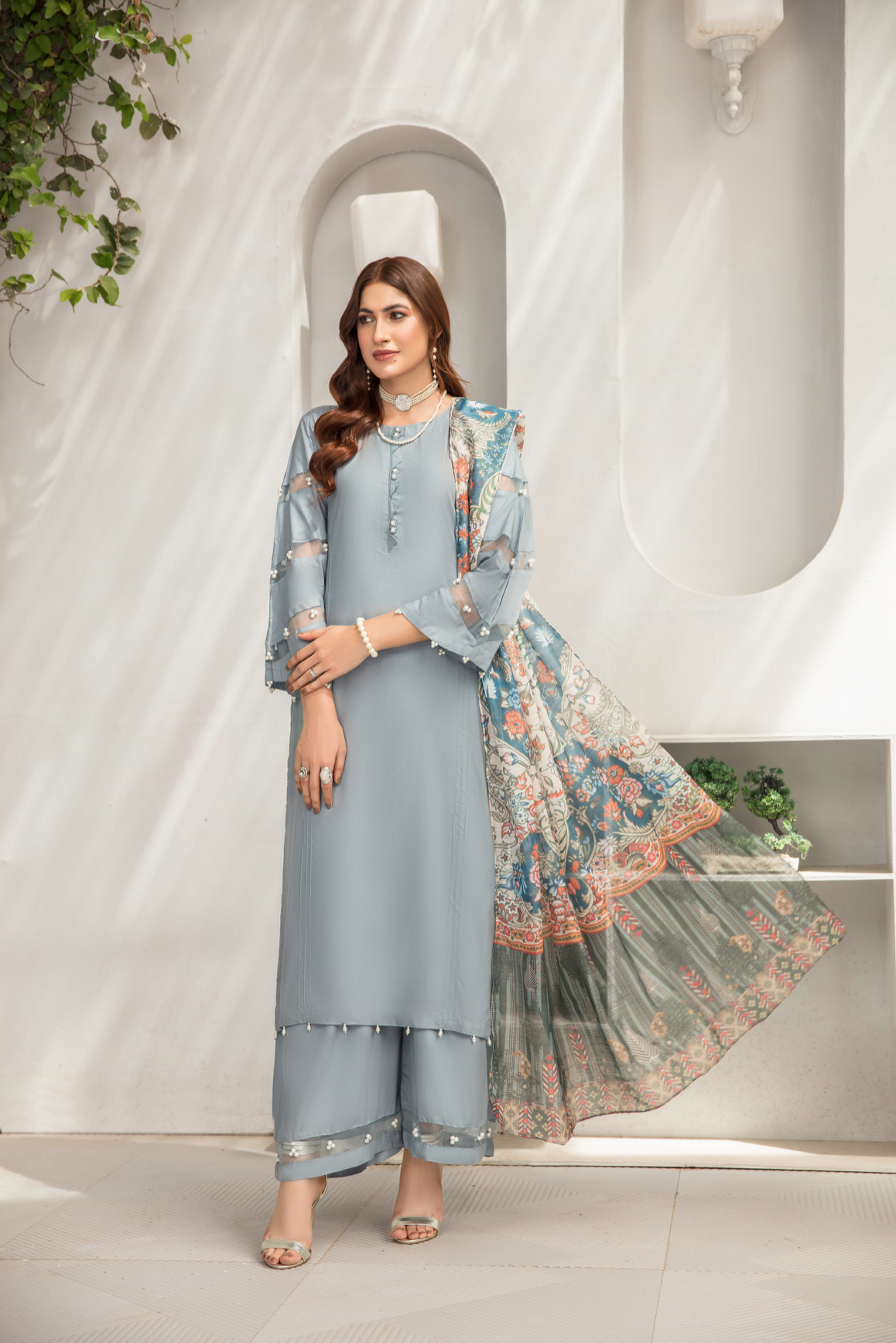 Slate Blue Lamika Linen Ladies Suit