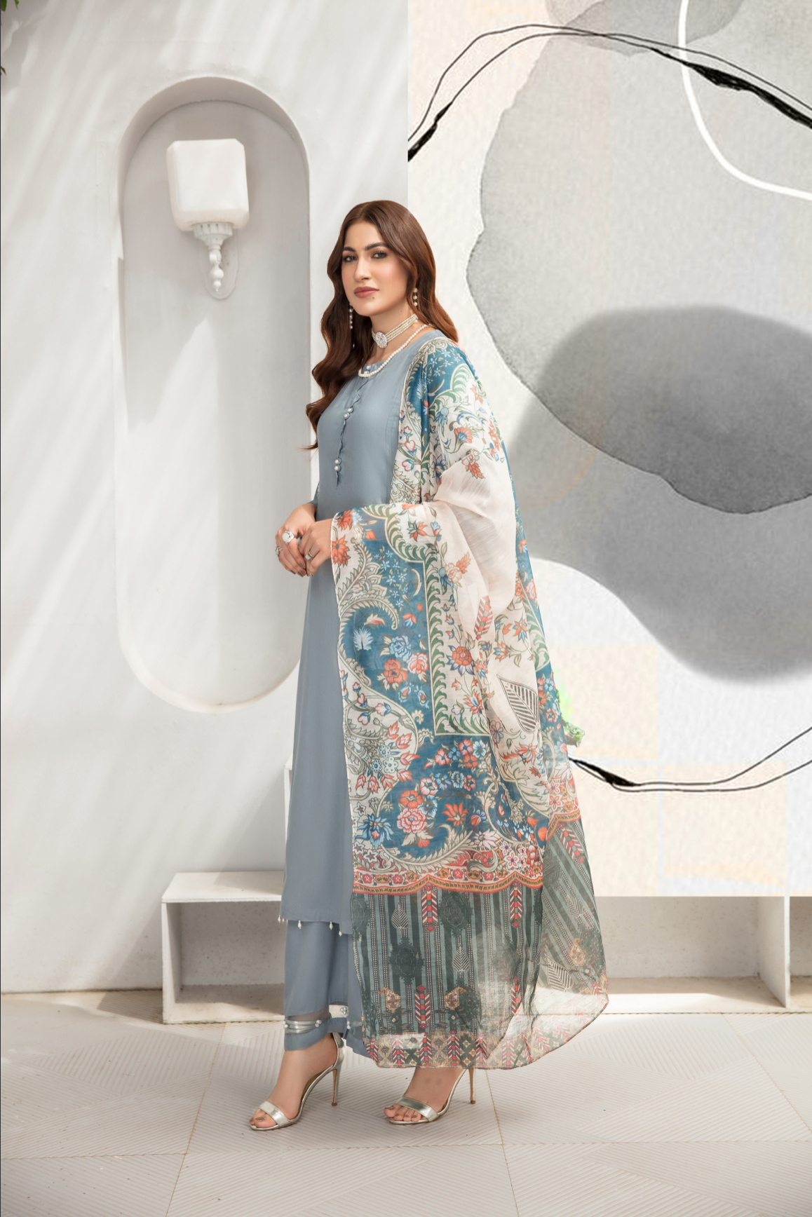 Slate Blue Lamika Linen Ladies Suit