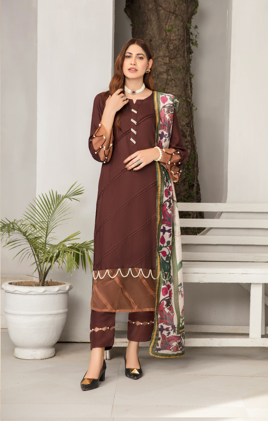 Dark Brown Lamika Linen Ladies Suit