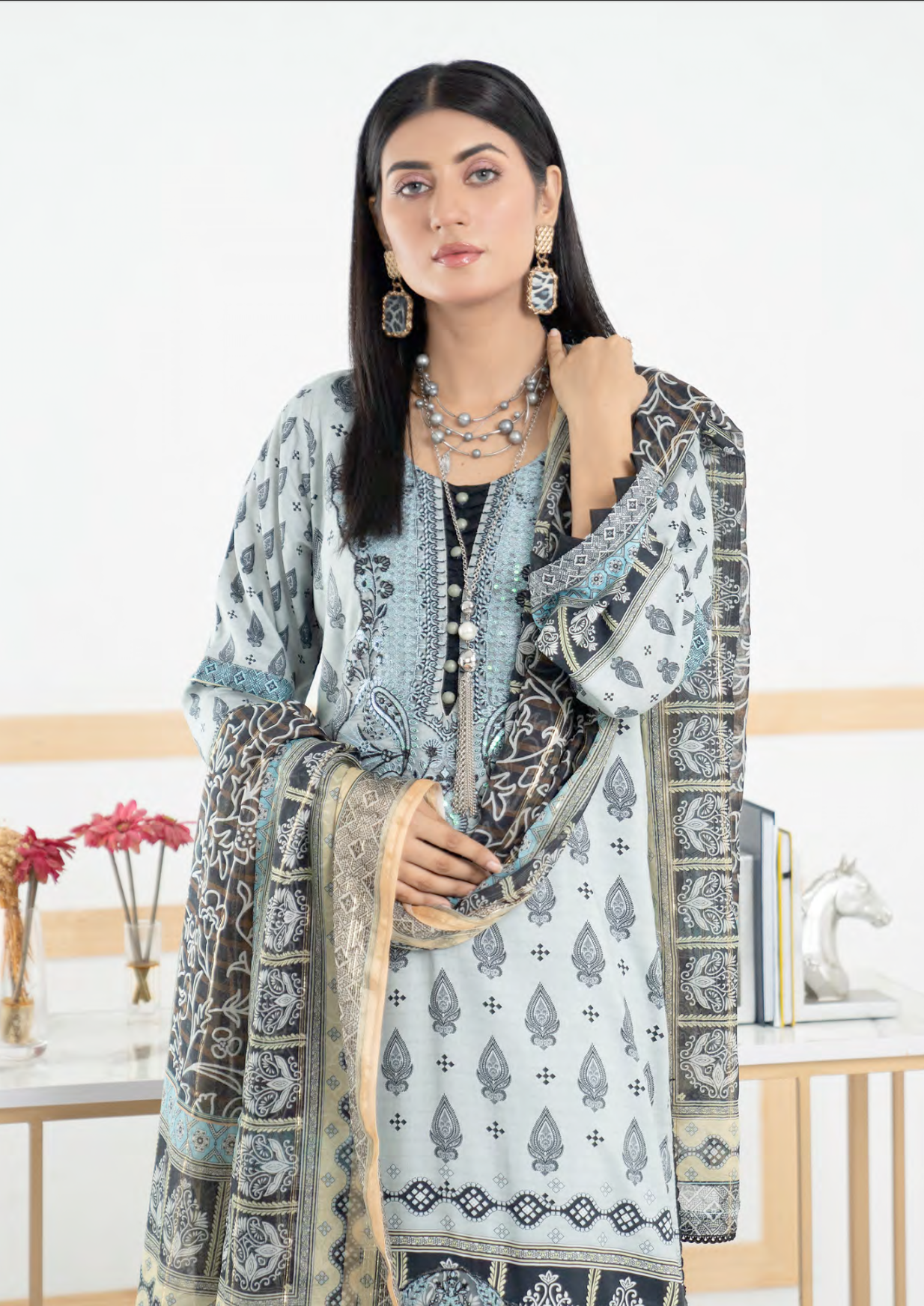 Light Blue Munira Designer Linen Ladies Suit