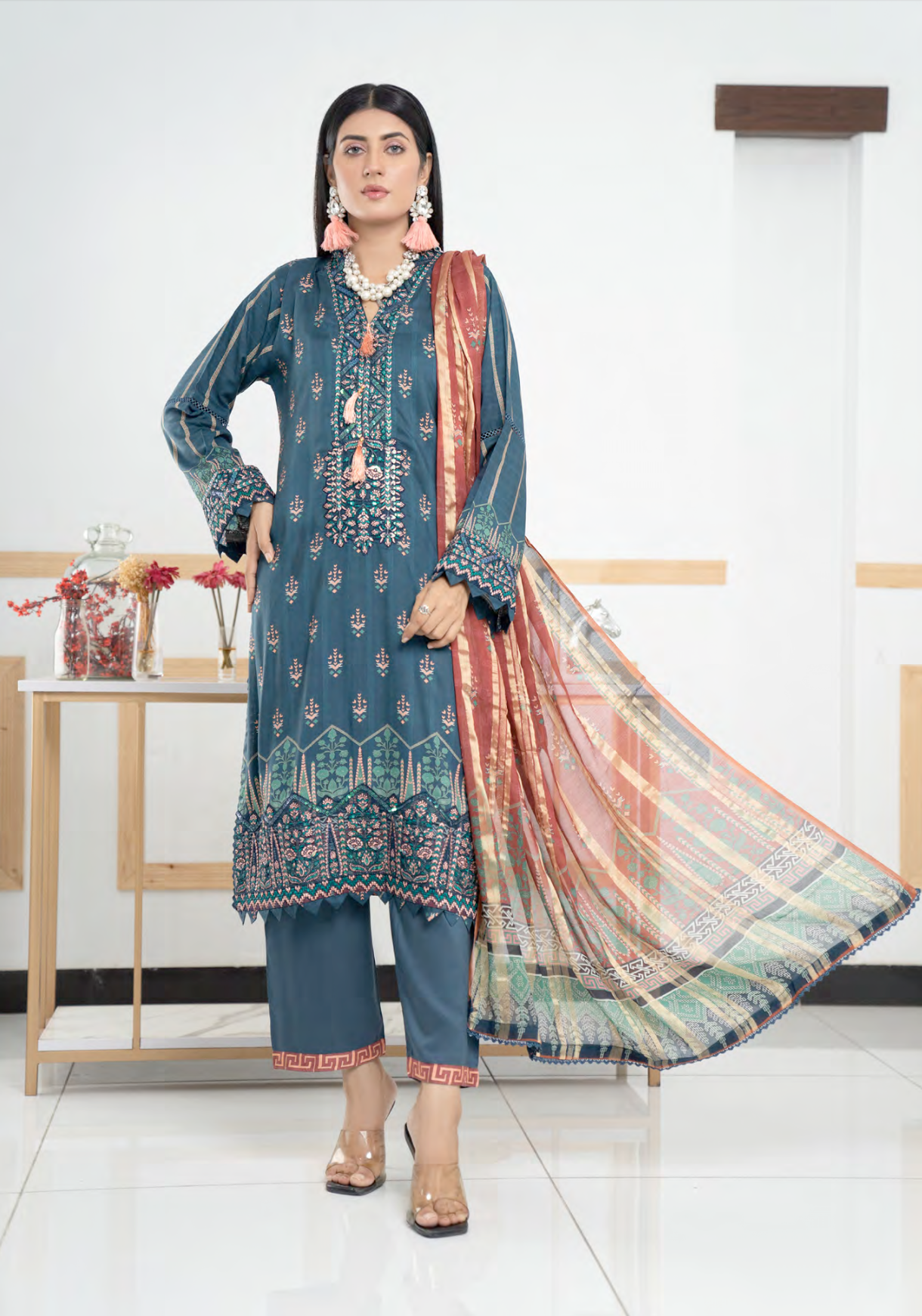 Blue Munira Designer Linen Ladies Suit