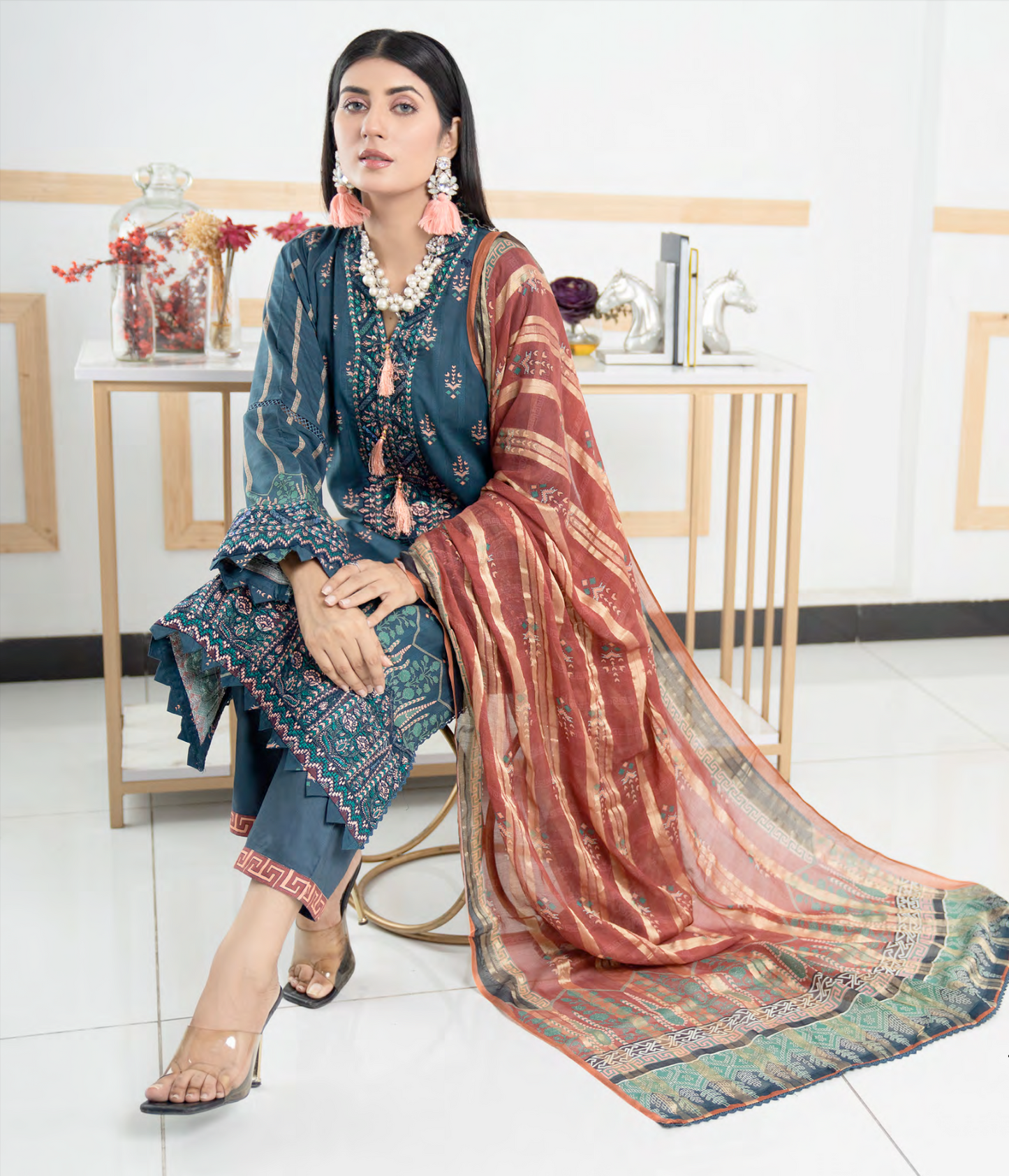 Blue Munira Designer Linen Ladies Suit