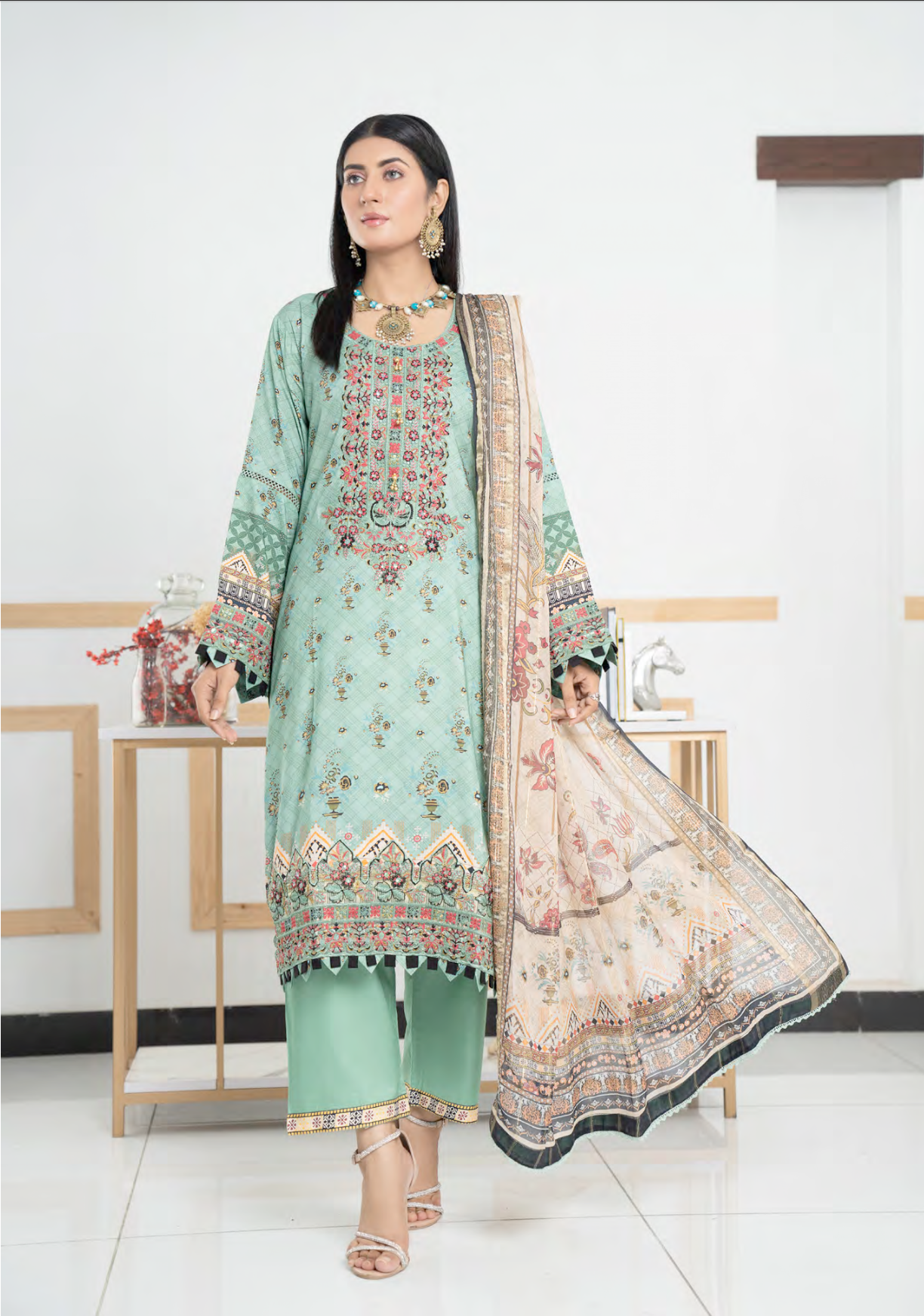 Teal Green Munira Designer Linen Ladies Suit