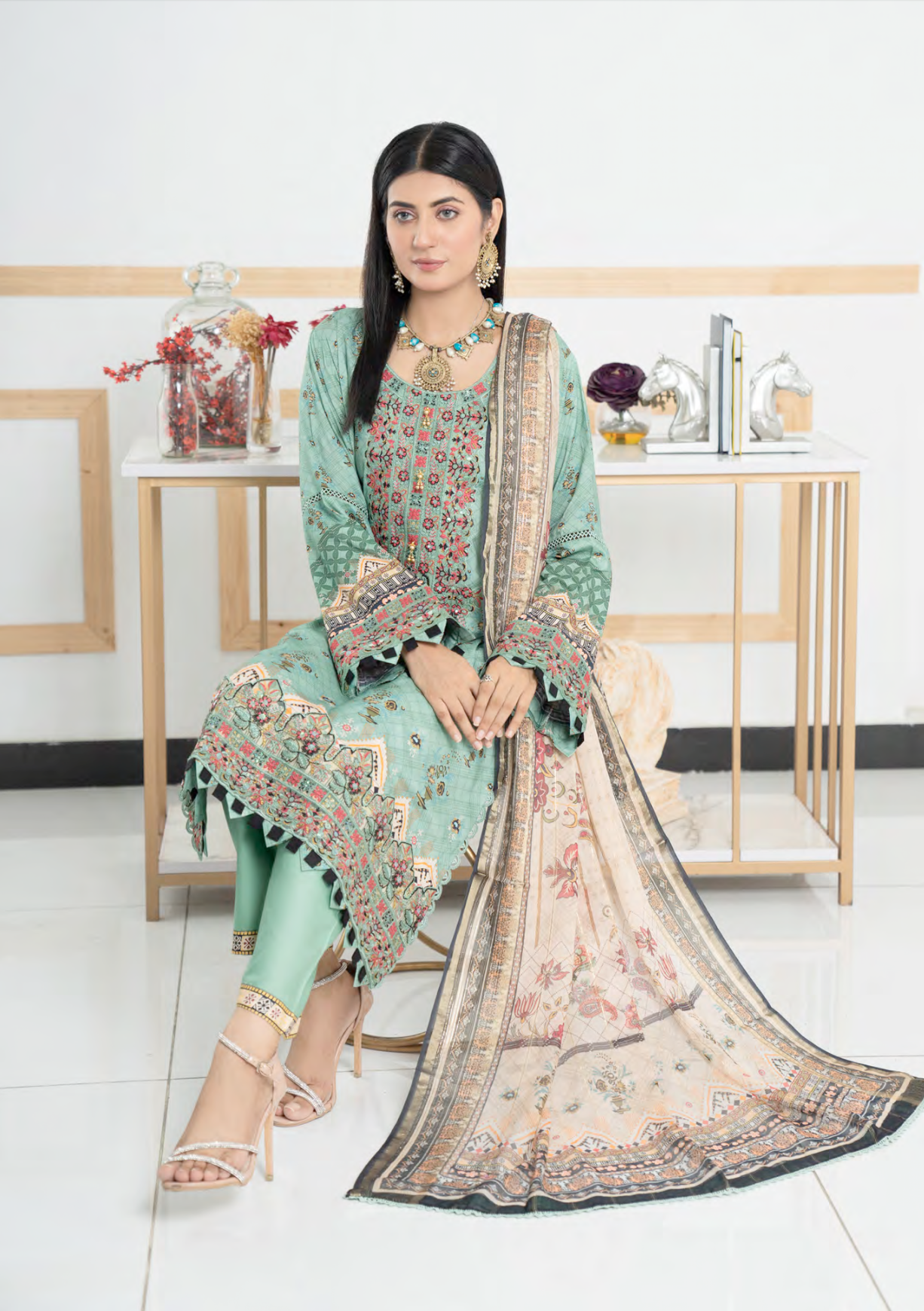 Teal Green Munira Designer Linen Ladies Suit