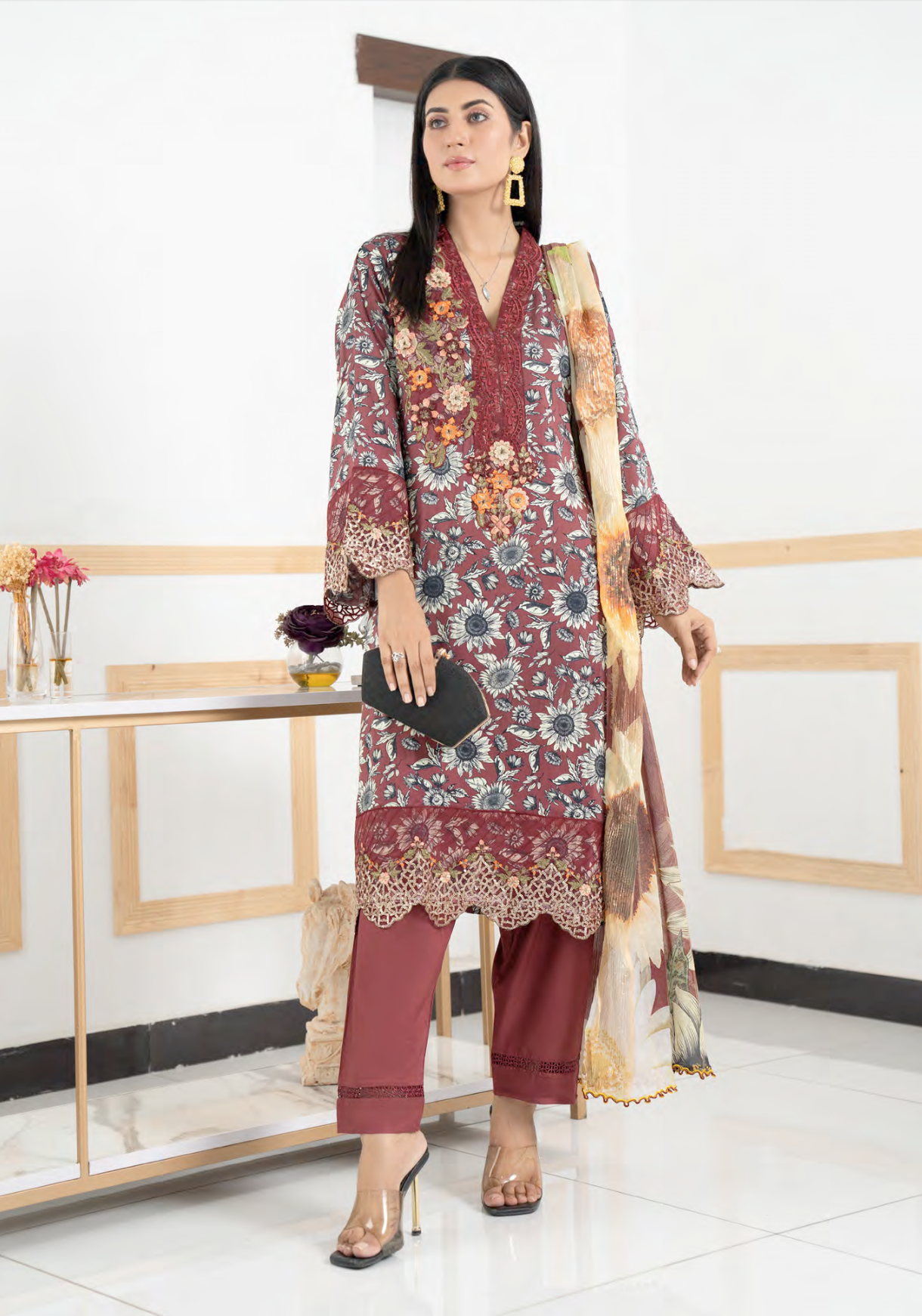 Maroon Munira Designer Linen Ladies Suit