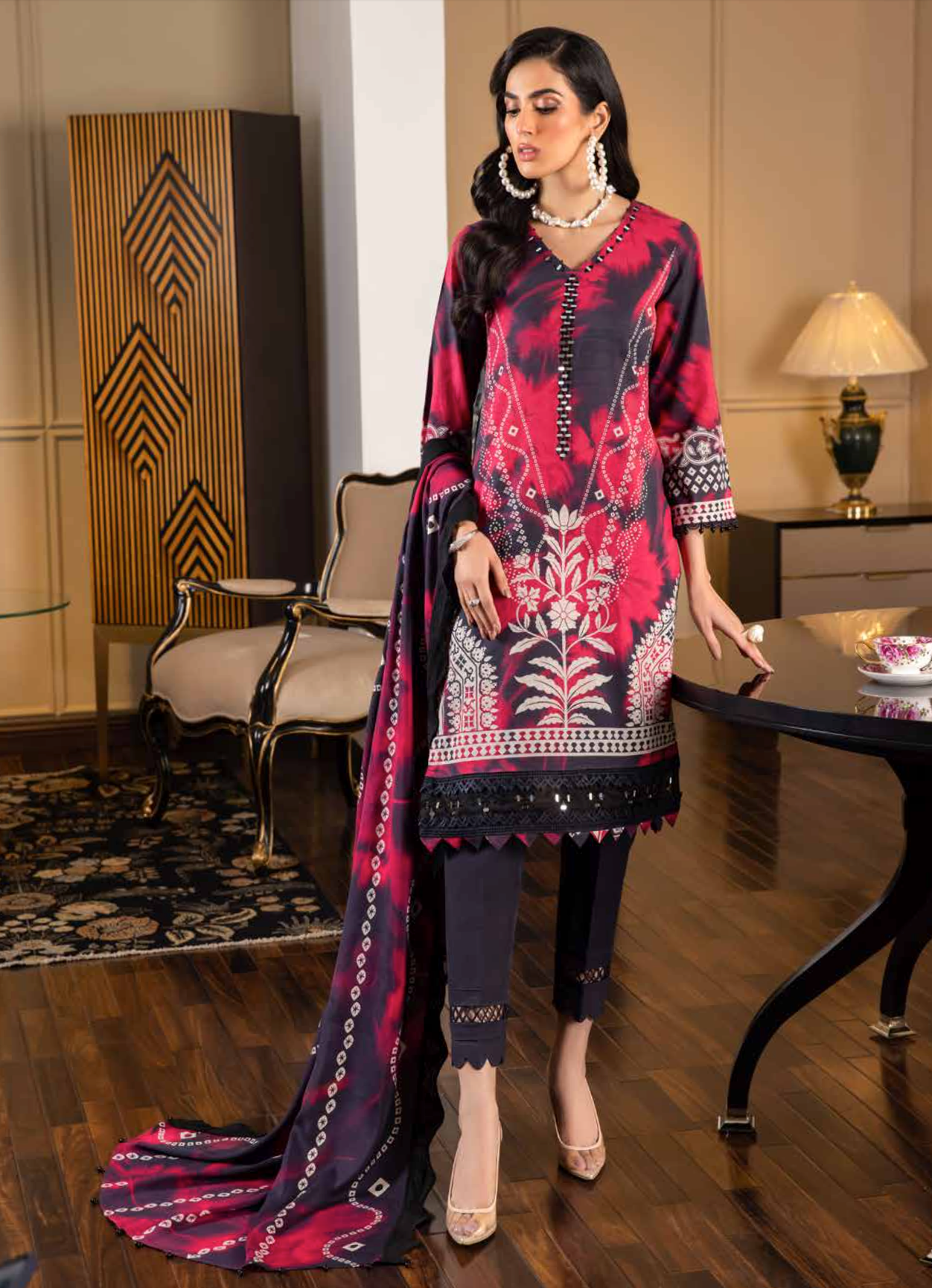 Dark Navy and Pink Nureh Khaddar Ladies Suit