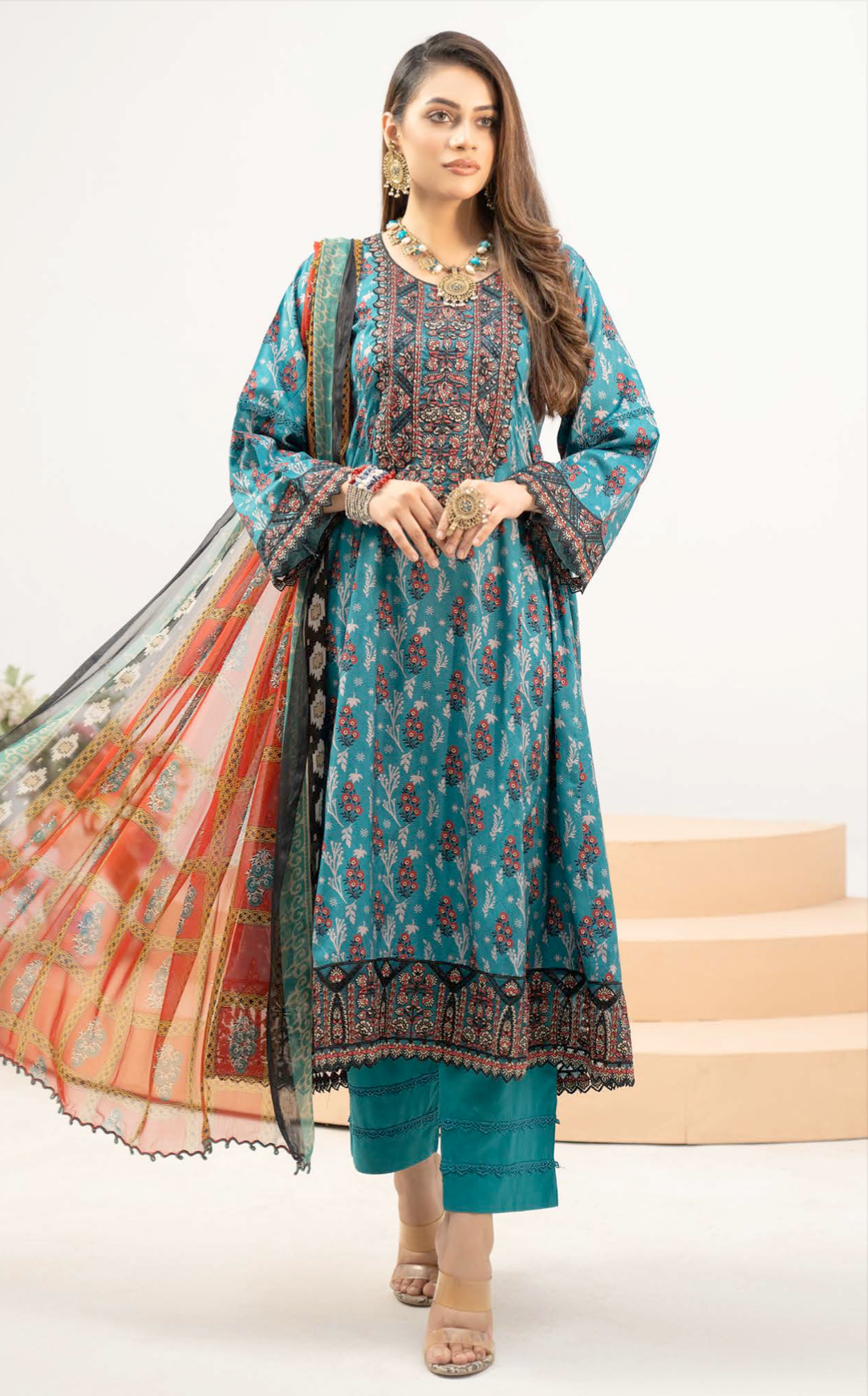 Dark Teal Blue Munira Designer Linen Ladies Suit