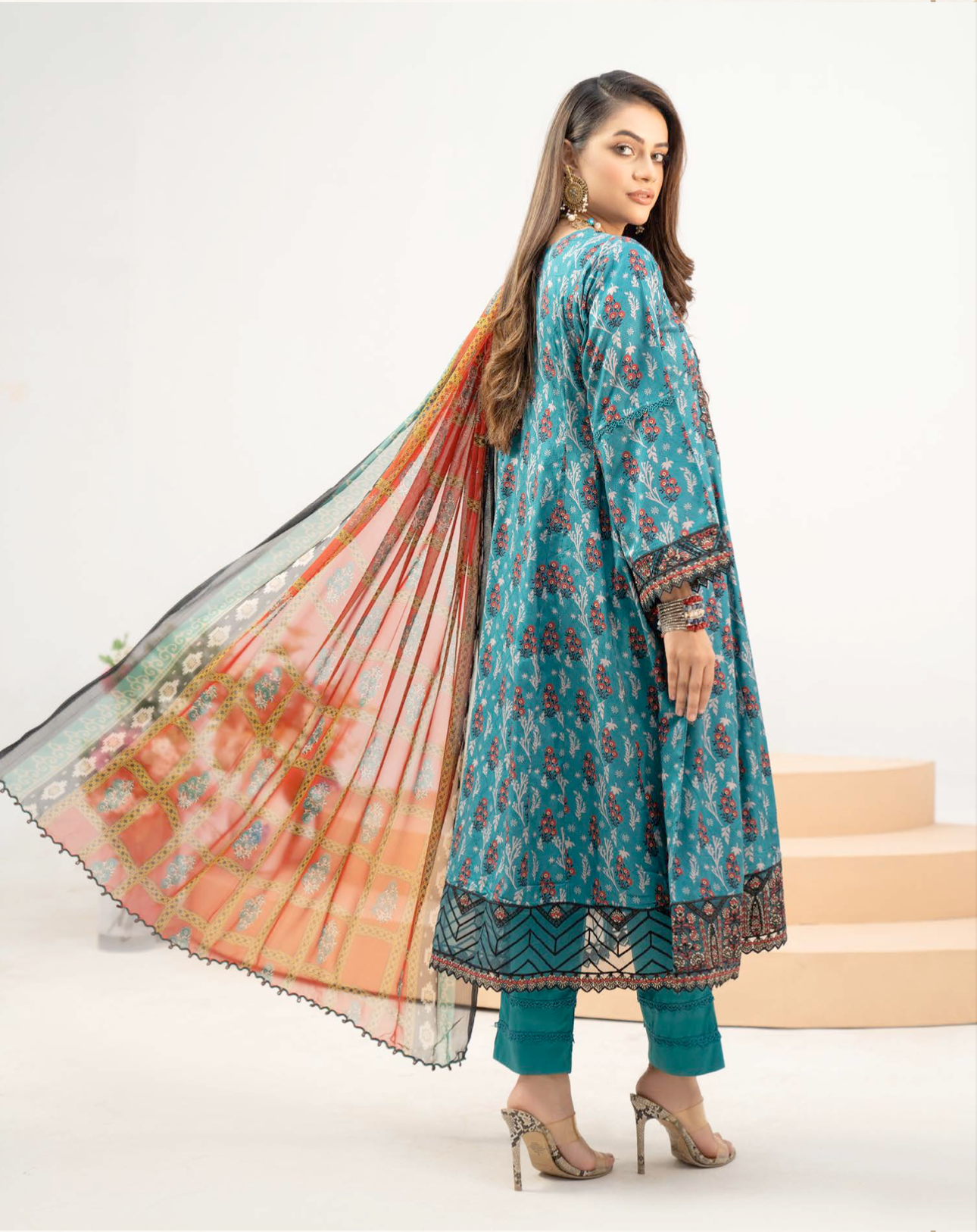 Dark Teal Blue Munira Designer Linen Ladies Suit