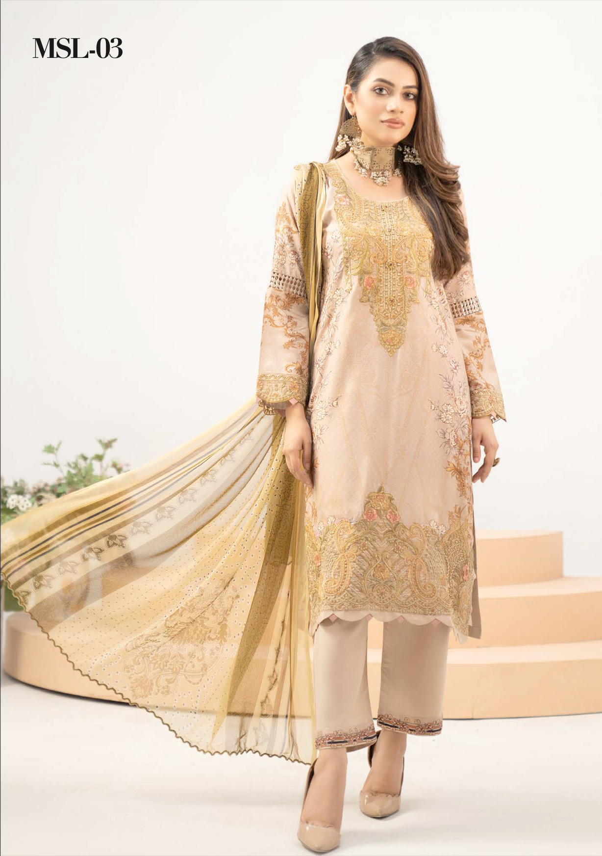 Beige Gold Munira Designer Linen Ladies Suit