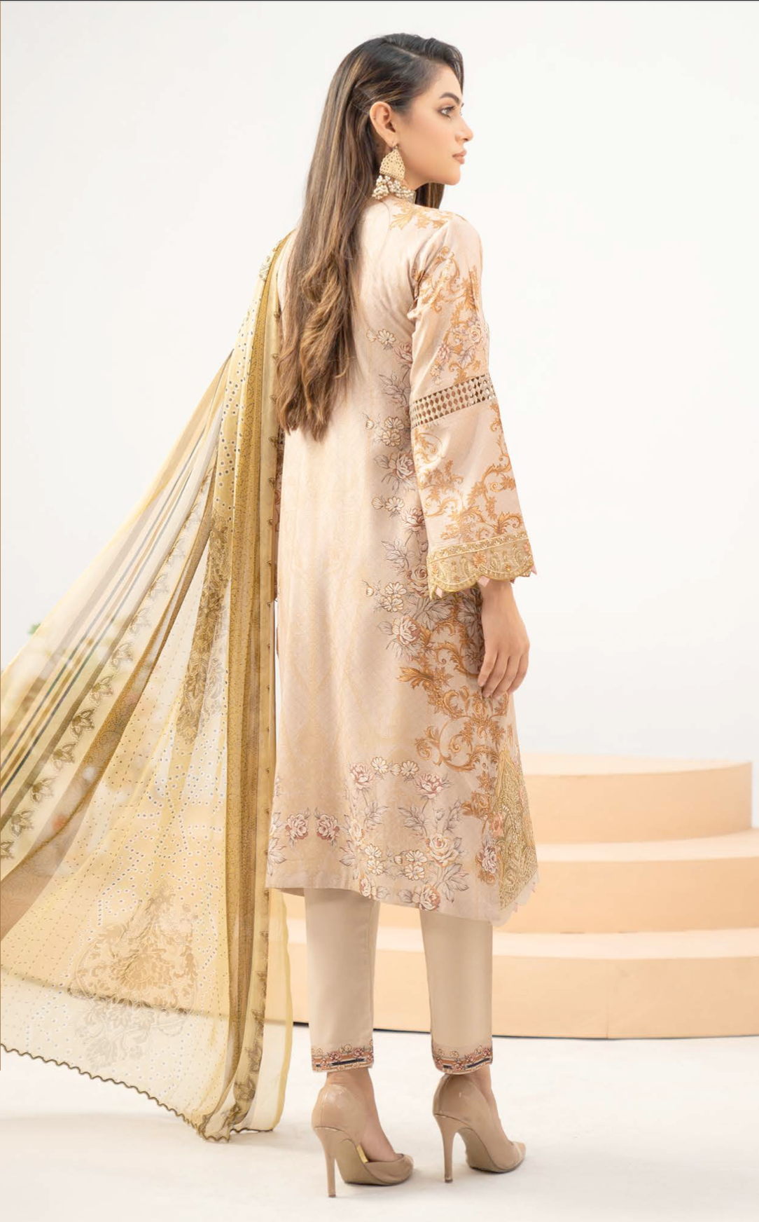 Beige Gold Munira Designer Linen Ladies Suit