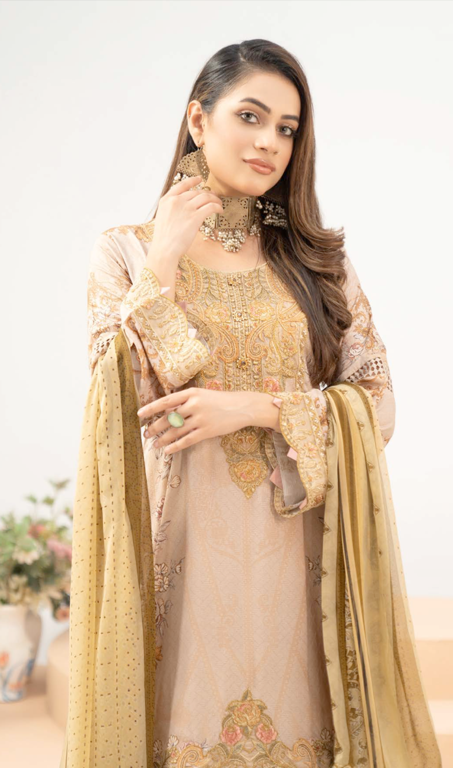 Beige Gold Munira Designer Linen Ladies Suit