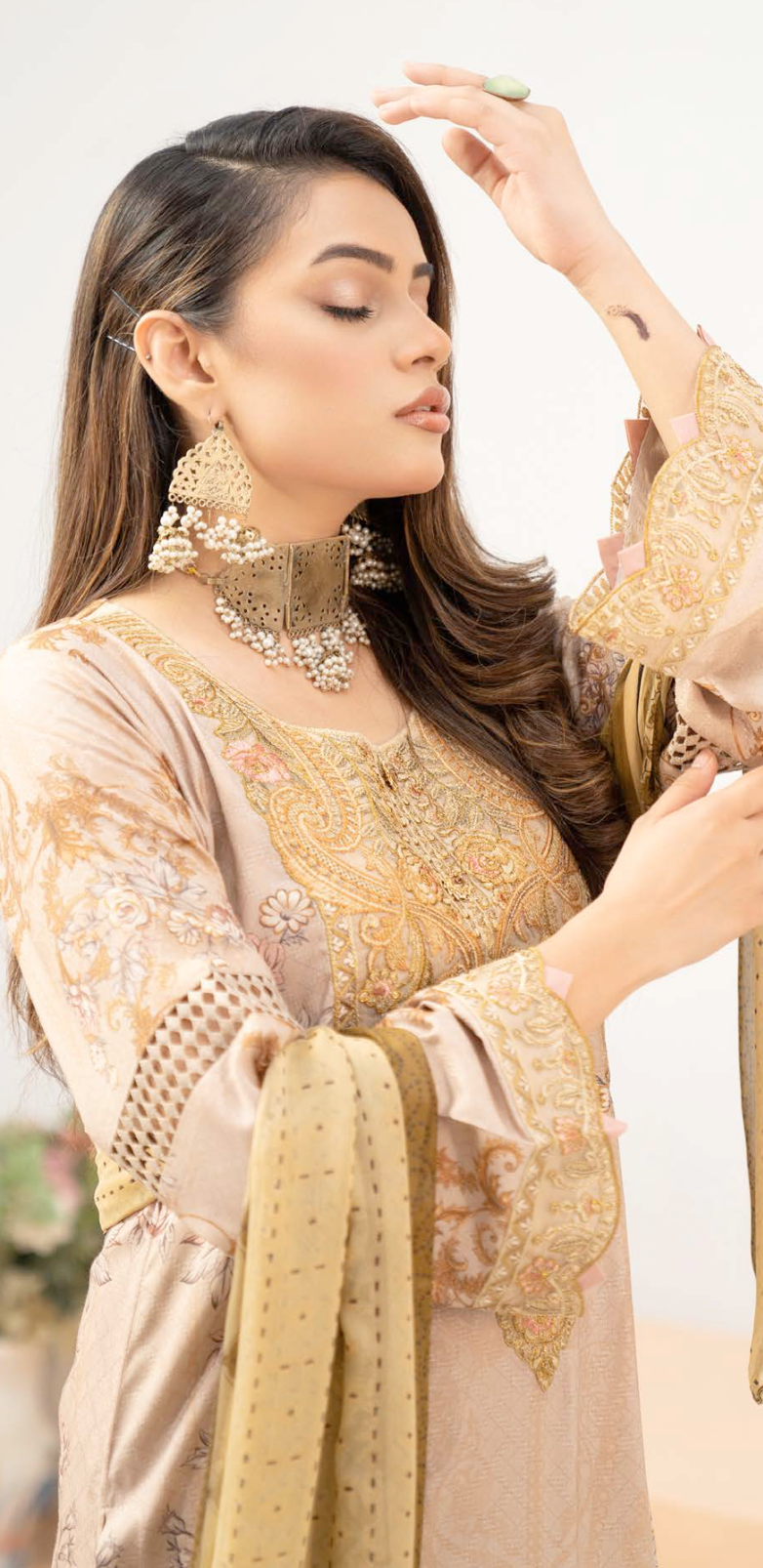 Beige Gold Munira Designer Linen Ladies Suit