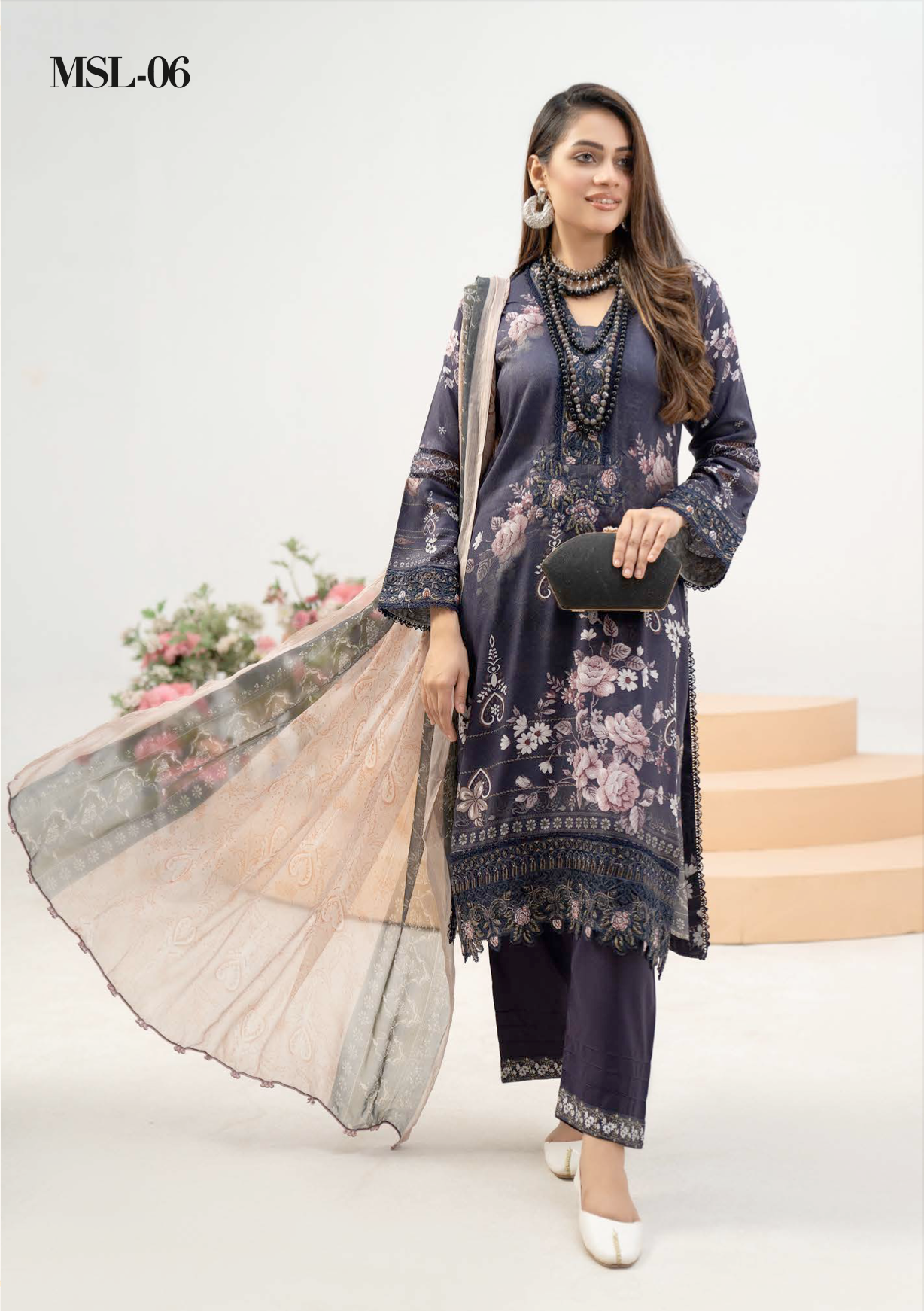 Navy Munira Designer Linen Ladies Suit
