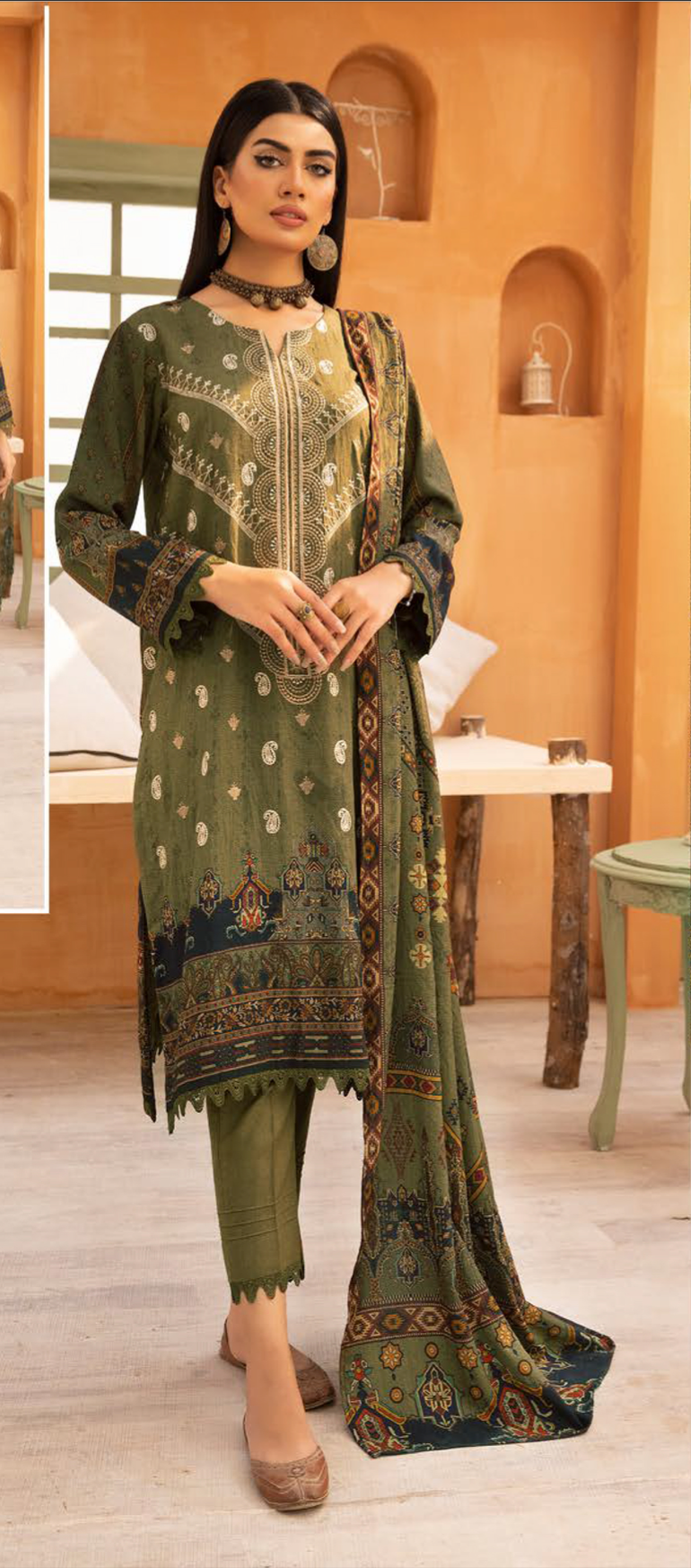 Olive Green Carnation Dhanak Ladies Suit