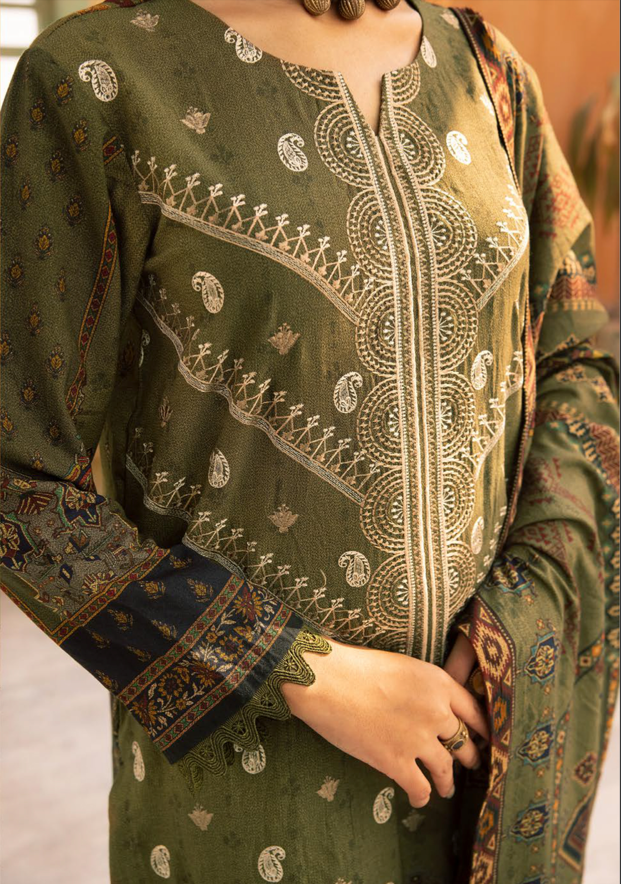 Olive Green Carnation Dhanak Ladies Suit