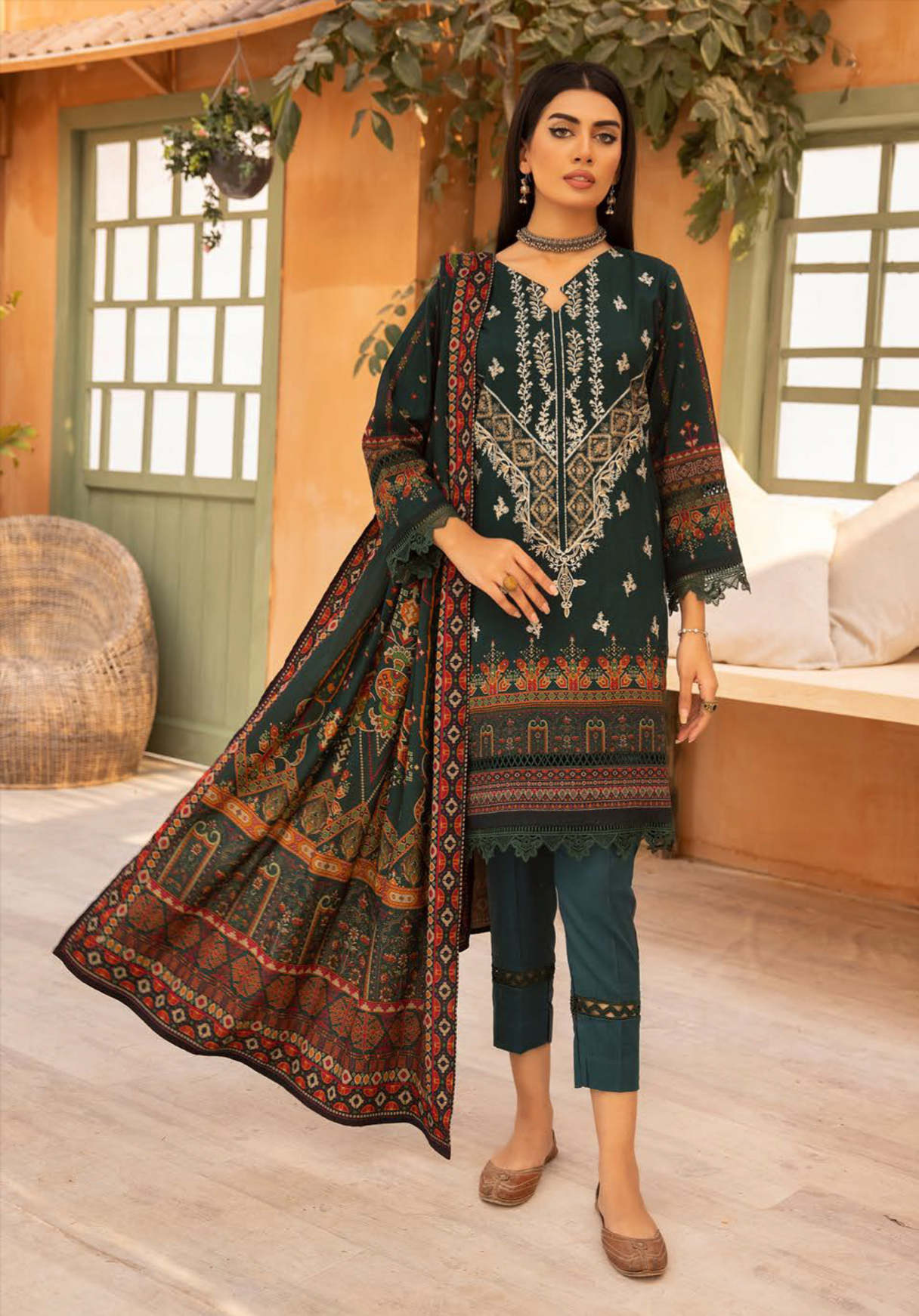 Dark Green Carnation Dhanak Ladies Suit