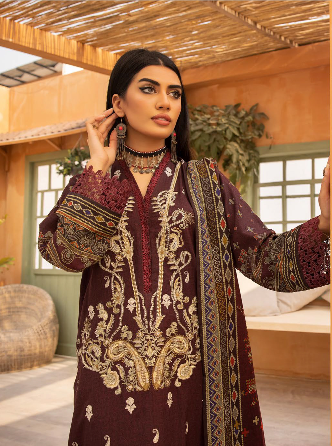 Dark Maroon Carnation Dhanak Ladies Suit