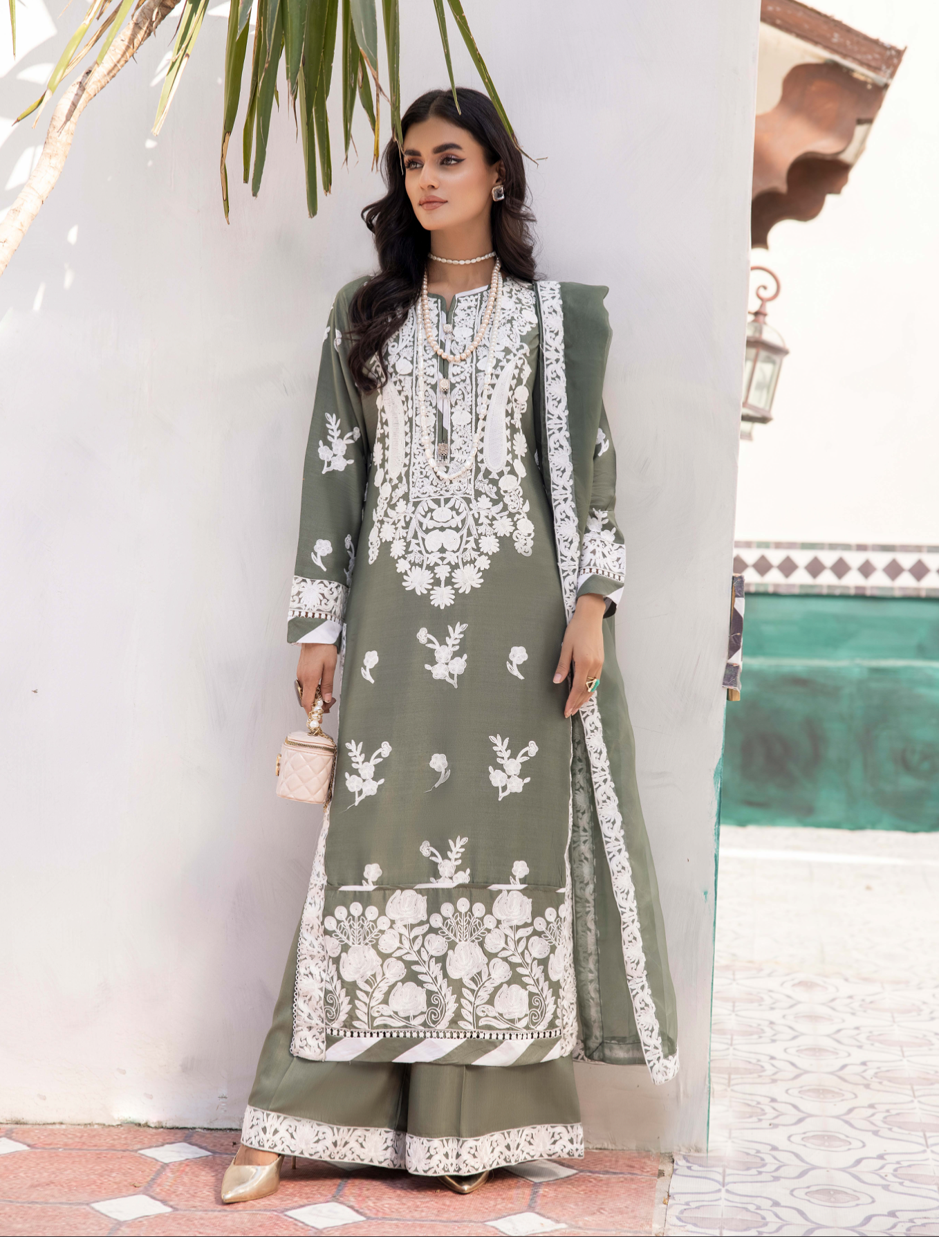 Olive Green Rozana Linen Ladies Suit