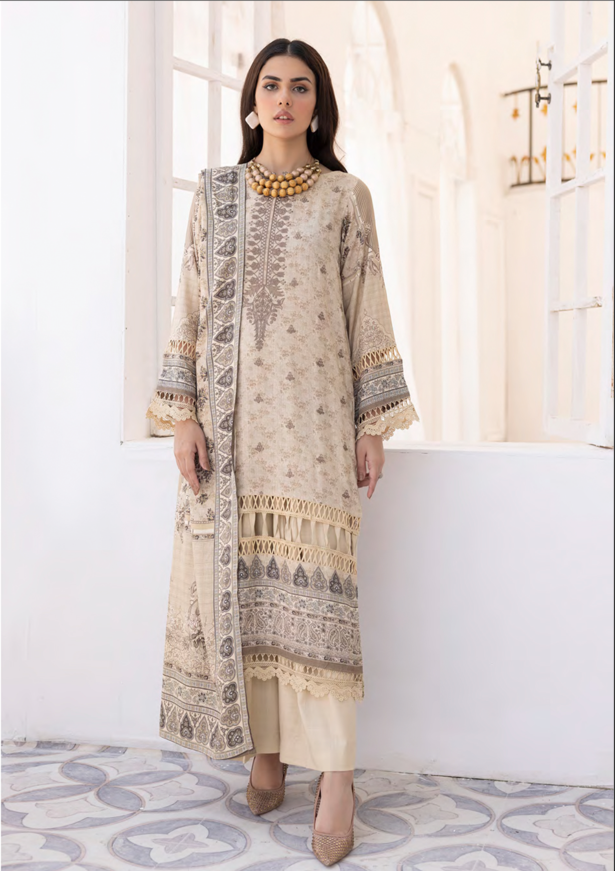 Light Beige Gold 'Fusion' Dhanak Ladies Suit