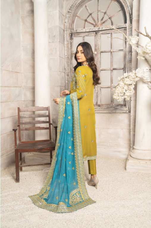 Olive Green Gold Maria B Design Luxury Chiffon Ladies Suit