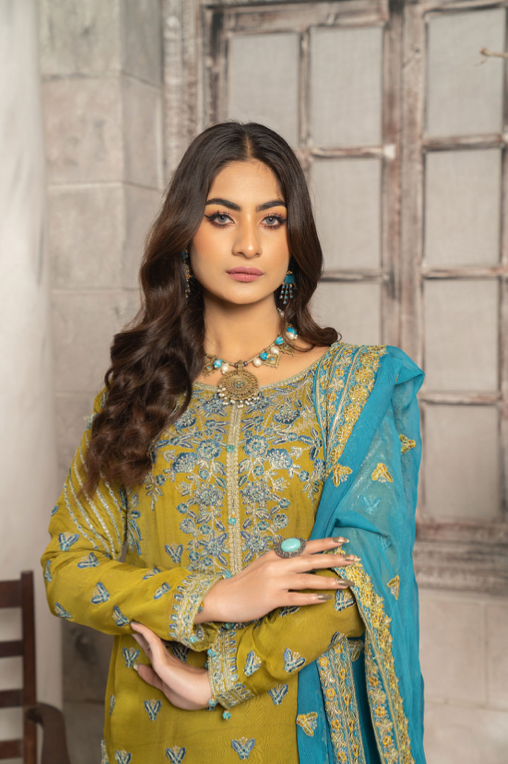 Olive Green Gold Maria B Design Luxury Chiffon Ladies Suit