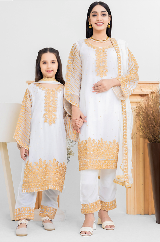 White and Gold Chiffon Girls Suit