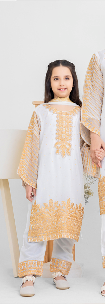 White and Gold Chiffon Girls Suit