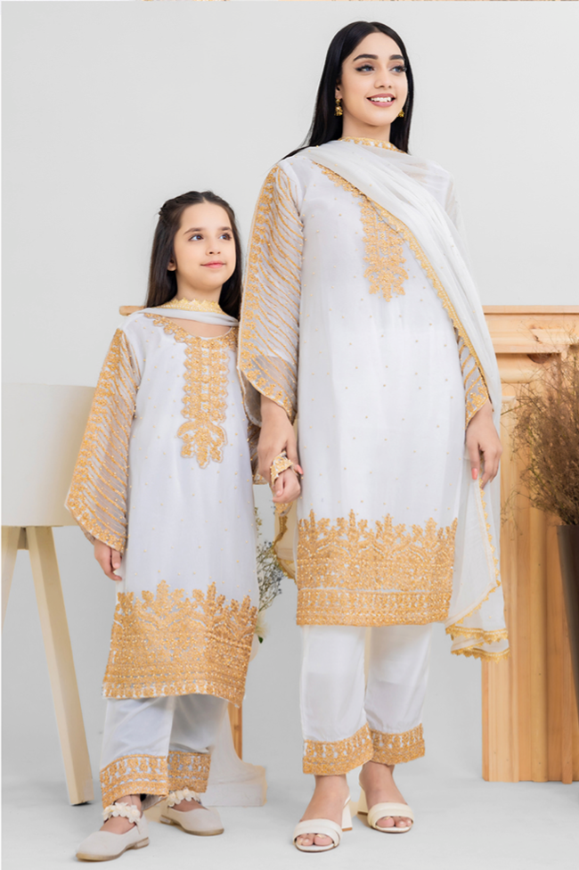 White and Gold Chiffon Girls Suit