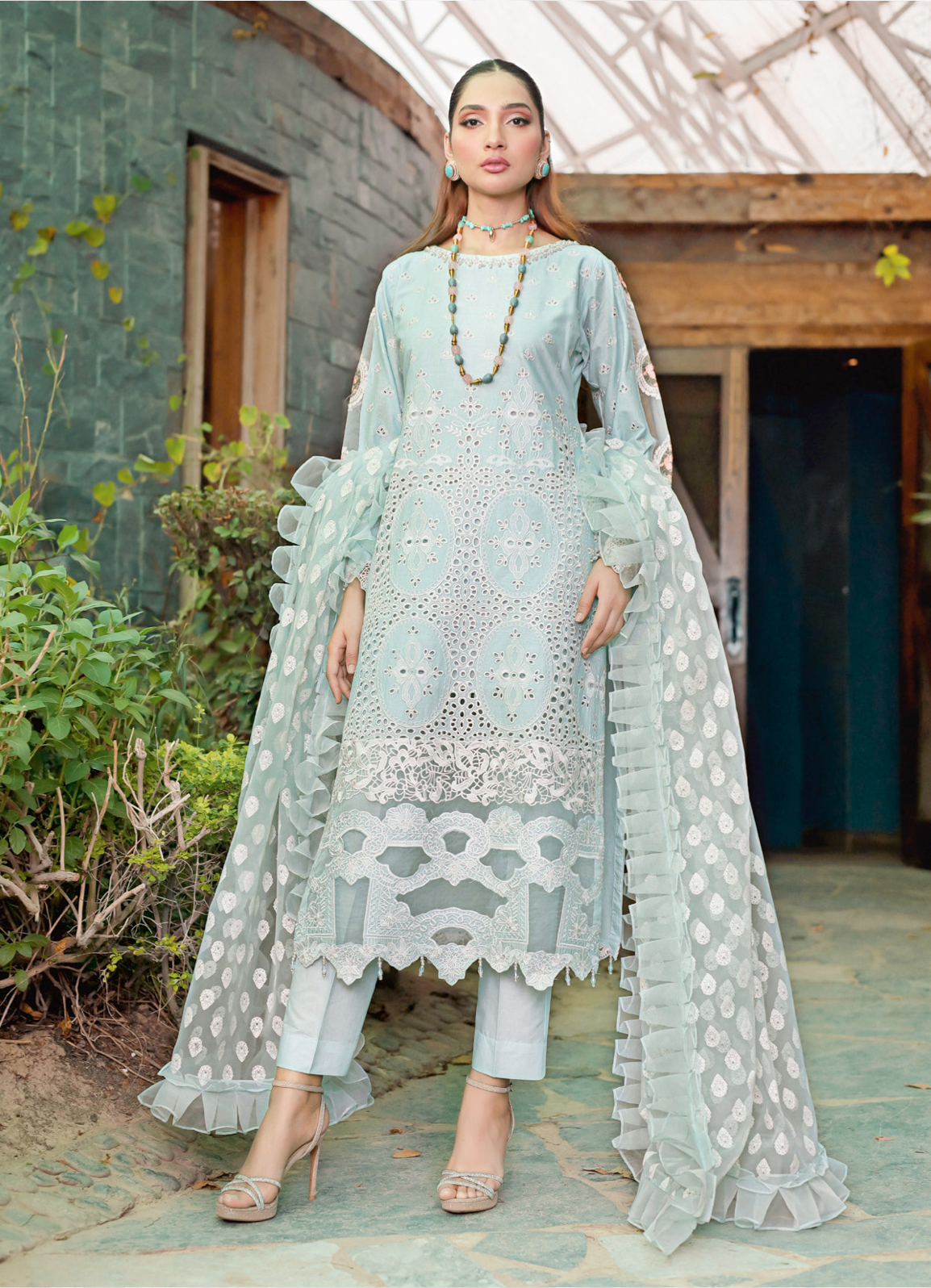 Light Teal Blue Luxury Lawn Ladies Suit