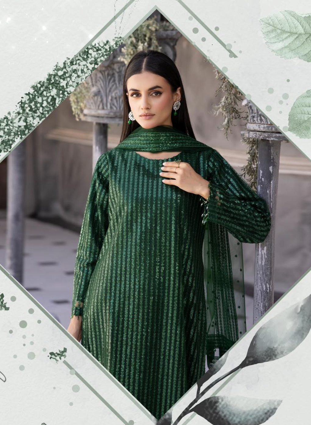 Green 'Baroque Lux' Soft Net Chiffon Ladies Suit