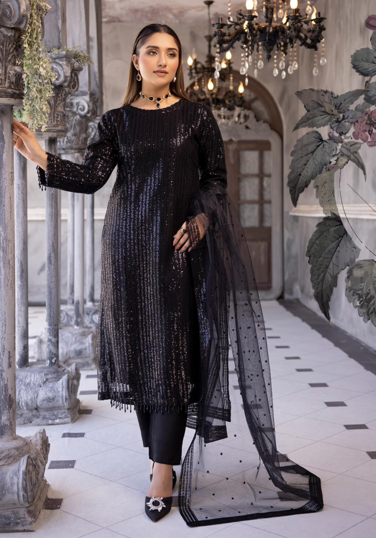 Black 'Baroque Lux' Soft Net Chiffon Ladies Suit