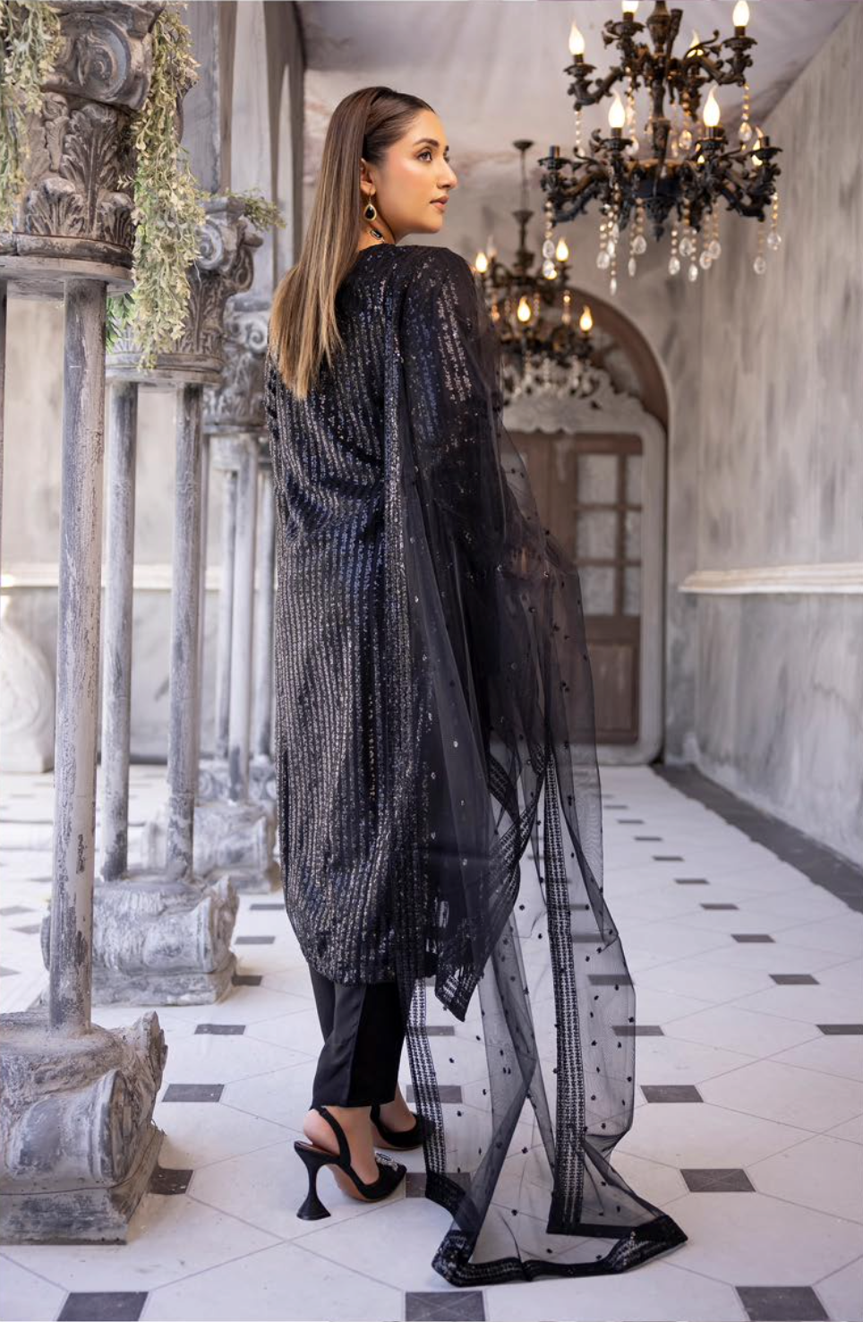 Black 'Baroque Lux' Soft Net Chiffon Ladies Suit