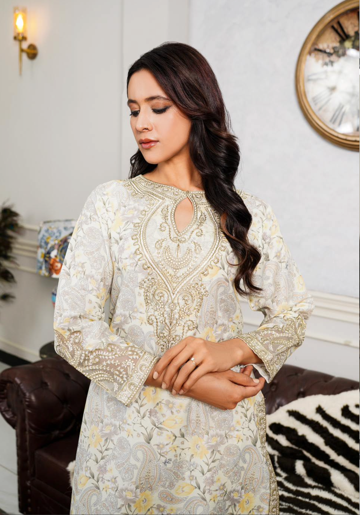 Cream 'Ethnic Co-ord' Lawn Ladies Suit