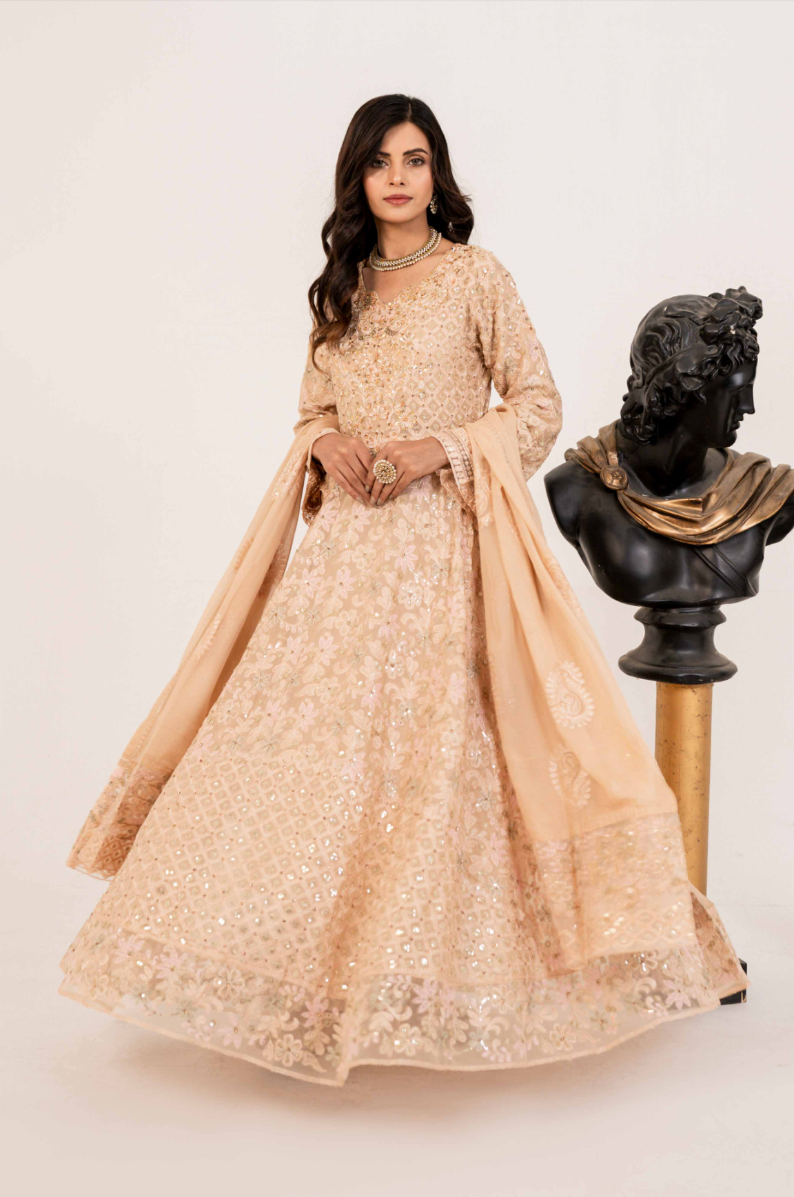 Dusty Beige Gold 'Satrangi' Luxury Chiffon Ladies Suit
